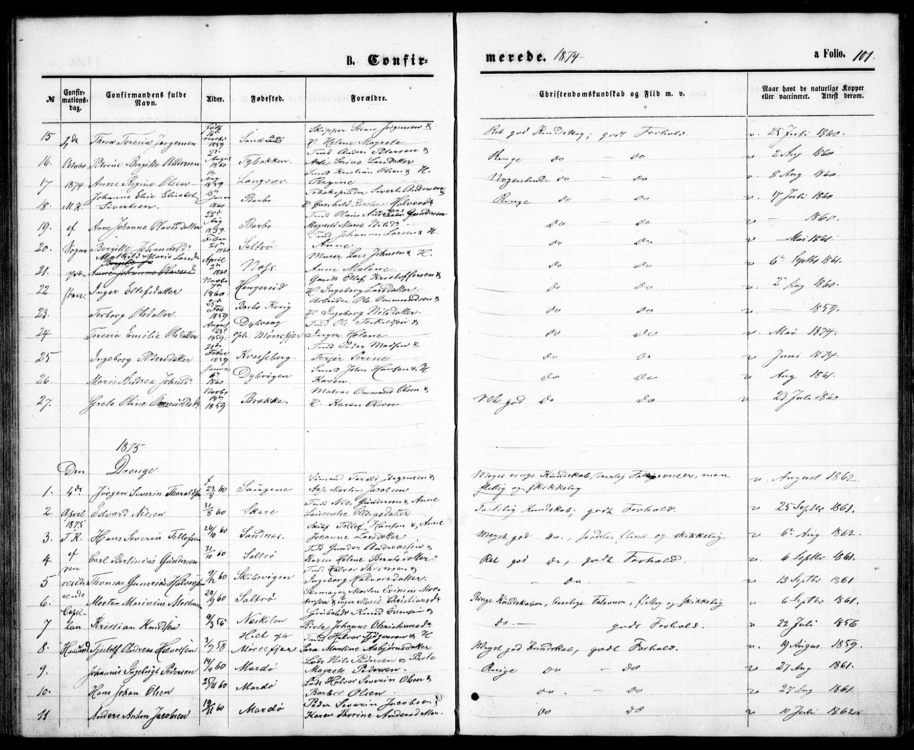 Tromøy sokneprestkontor, SAK/1111-0041/F/Fb/L0004: Parish register (copy) no. B 4, 1869-1877, p. 101