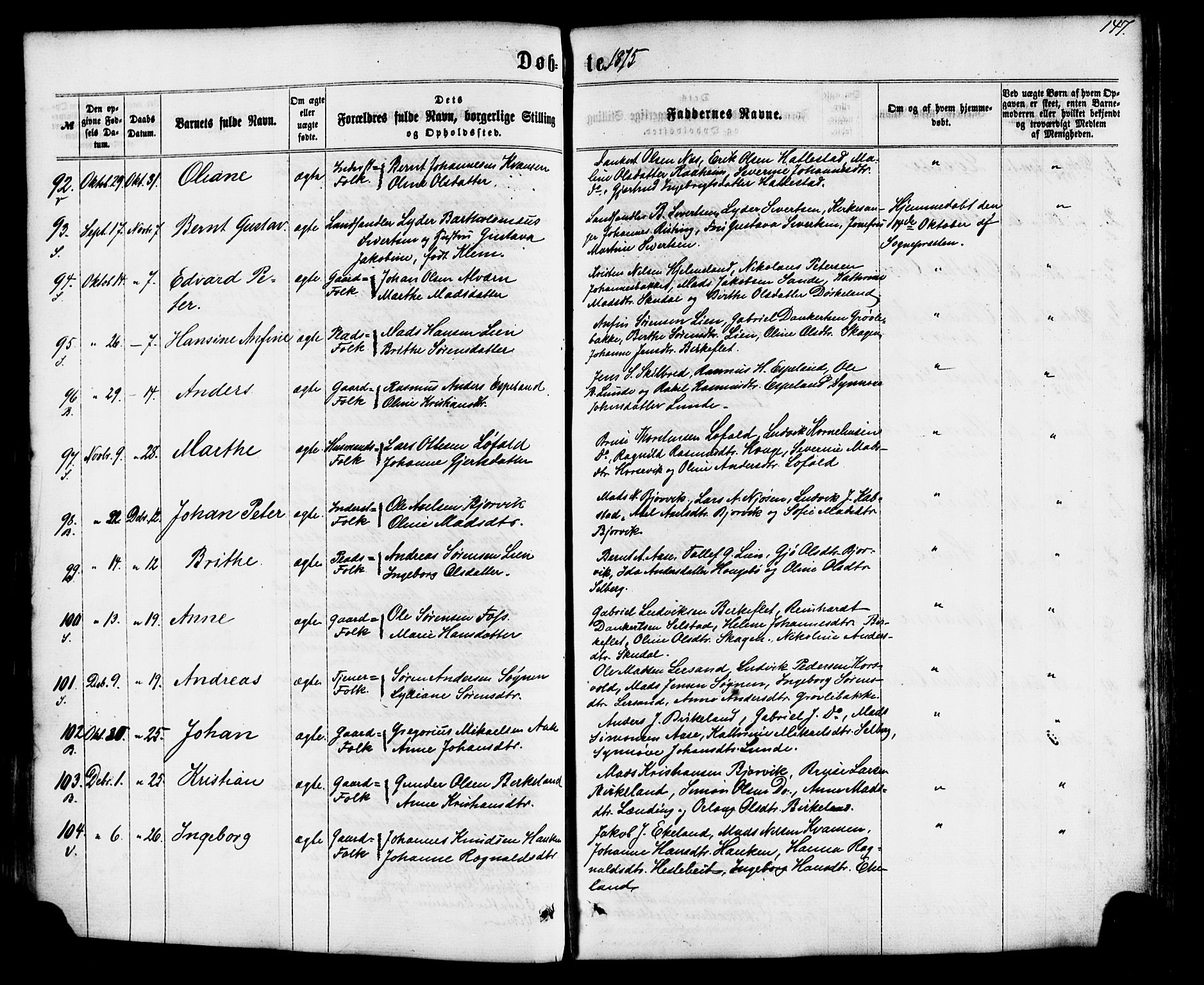 Gaular sokneprestembete, AV/SAB-A-80001/H/Haa: Parish register (official) no. A 5, 1860-1881, p. 147