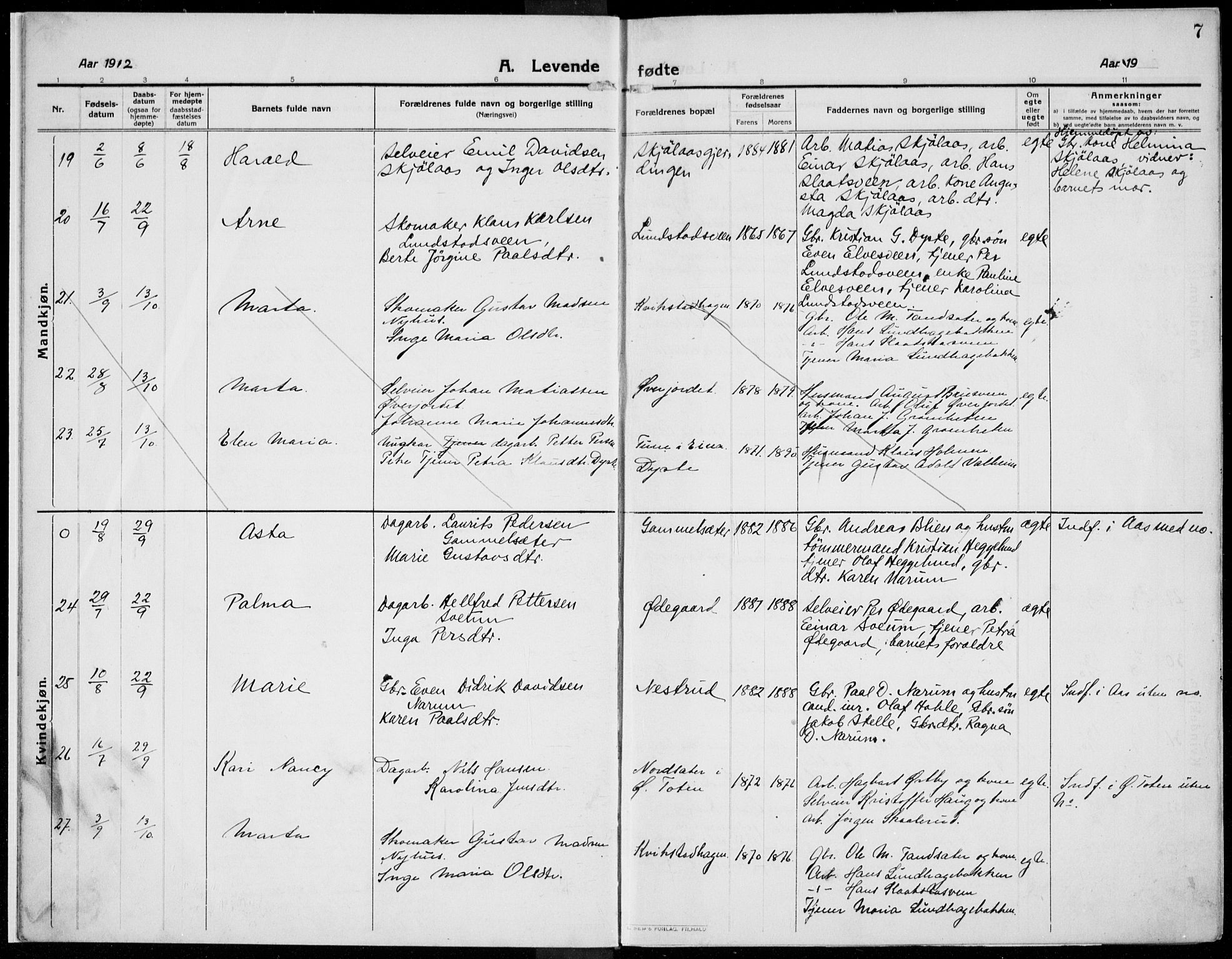Kolbu prestekontor, AV/SAH-PREST-110/H/Ha/Haa/L0002: Parish register (official) no. 2, 1912-1926, p. 7