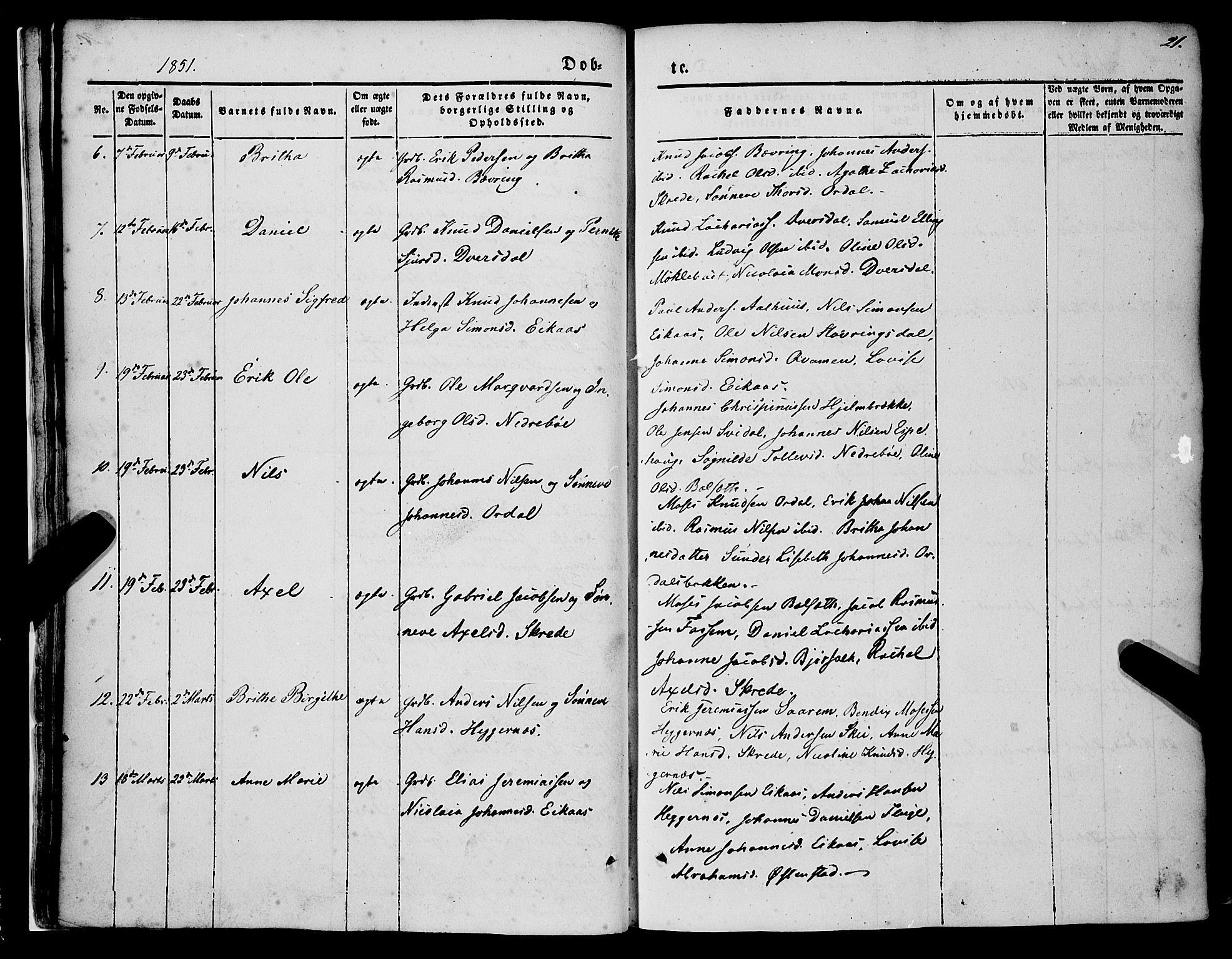 Jølster sokneprestembete, AV/SAB-A-80701/H/Haa/Haaa/L0010: Parish register (official) no. A 10, 1847-1865, p. 21