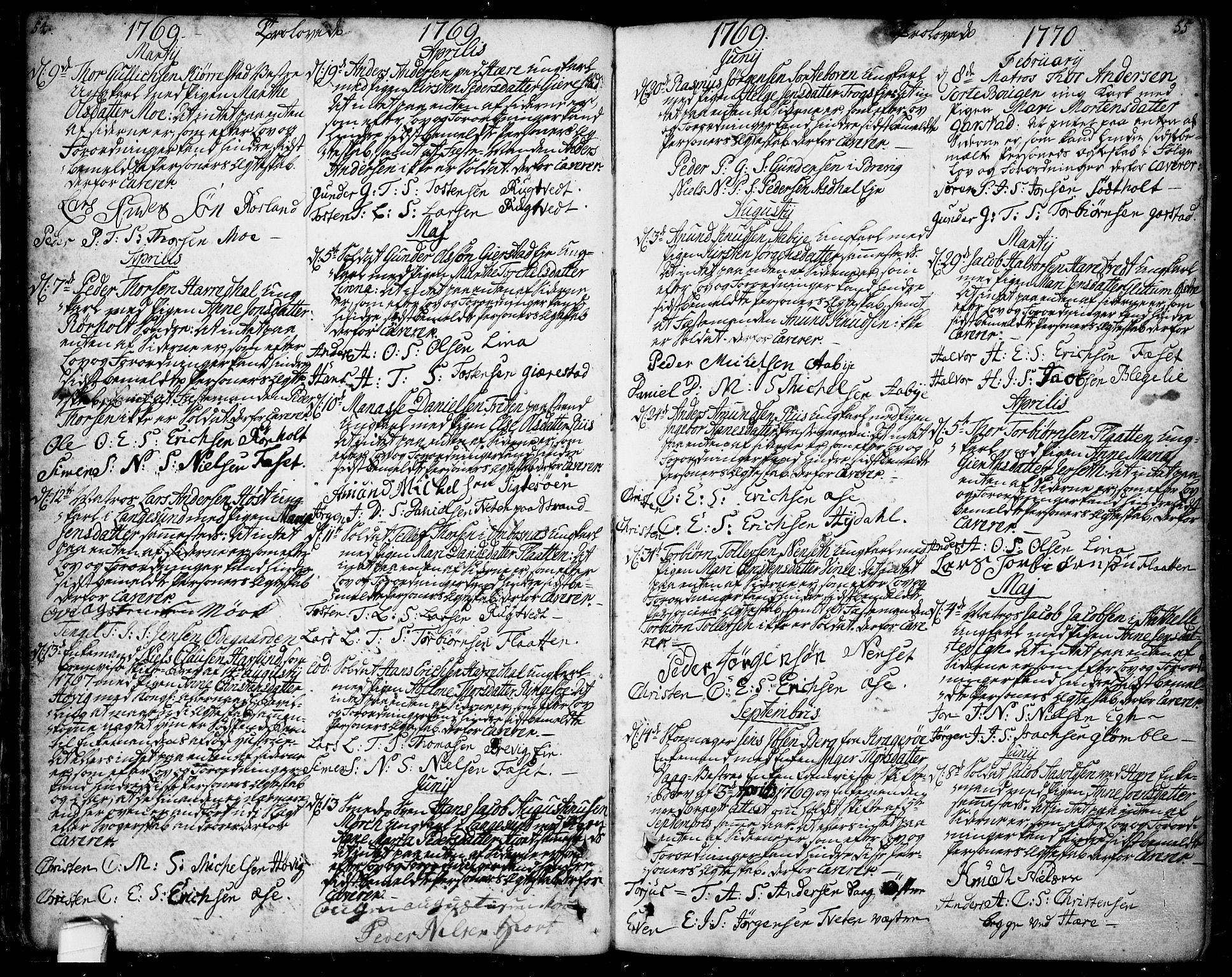 Bamble kirkebøker, SAKO/A-253/F/Fa/L0001: Parish register (official) no. I 1, 1702-1774, p. 54-55