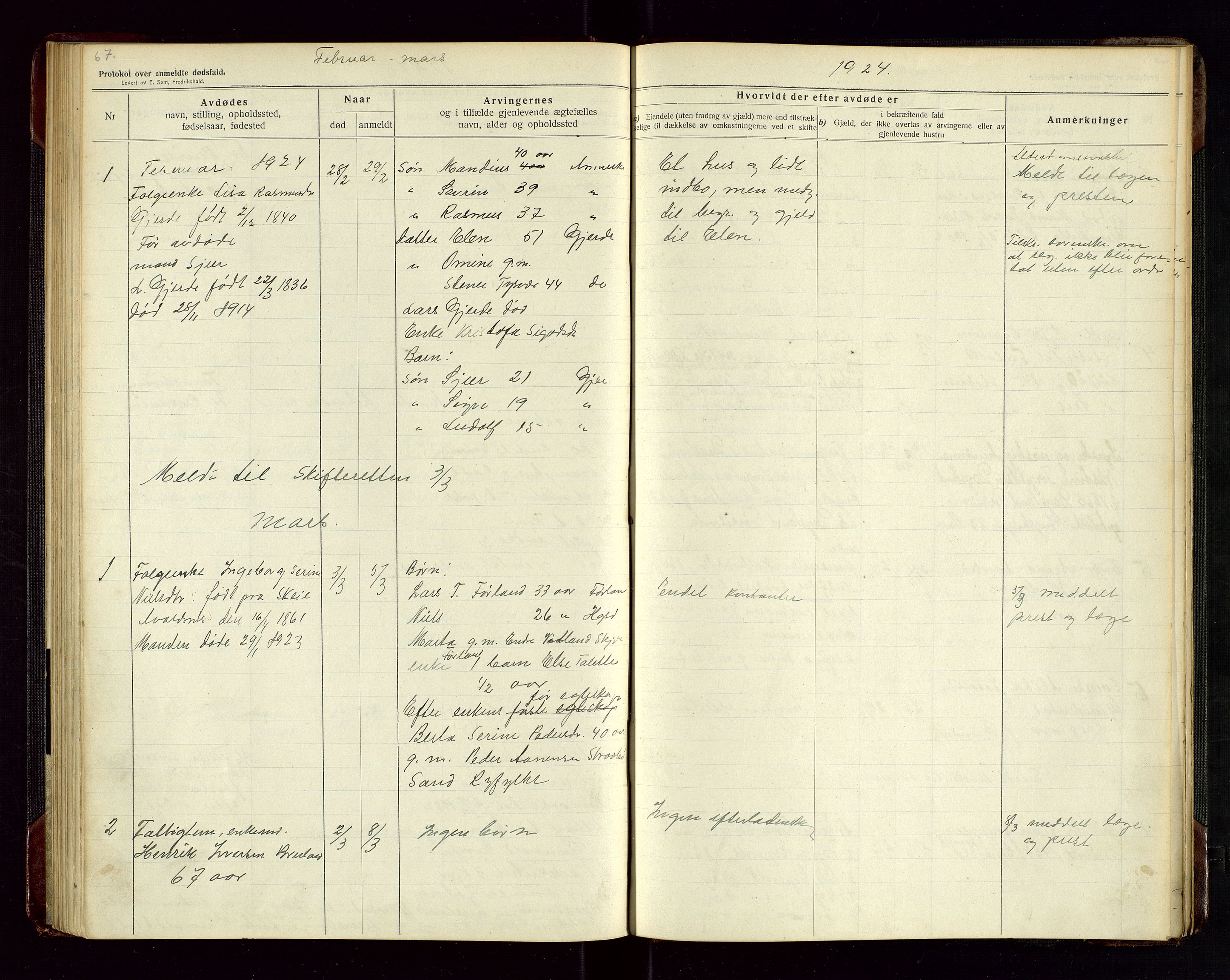 Tysvær lensmannskontor, AV/SAST-A-100192/Gga/L0003: "Protokol over anmeldte dødsfald i Tysvær" med register, 1916-1926, p. 67