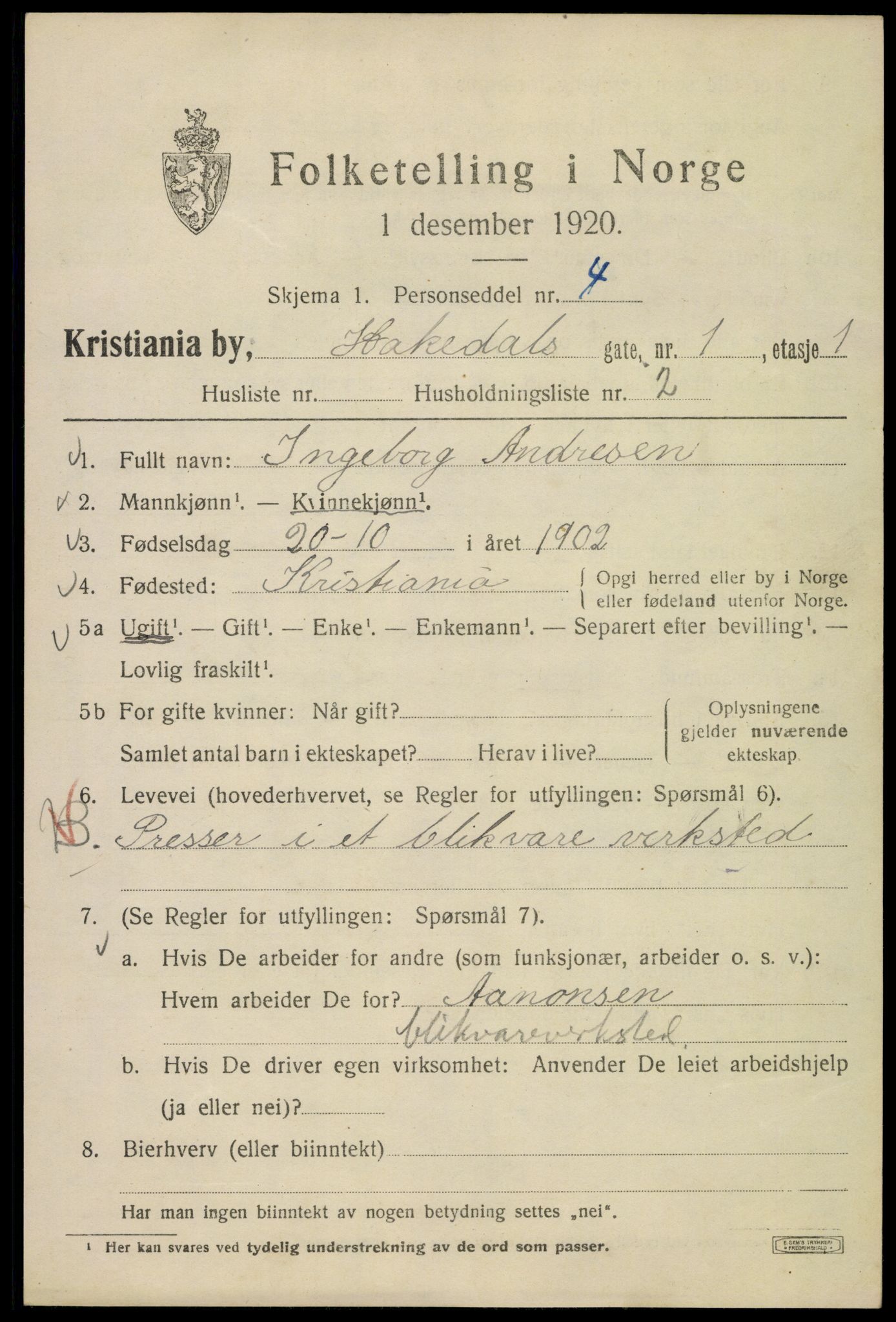 SAO, 1920 census for Kristiania, 1920, p. 266927