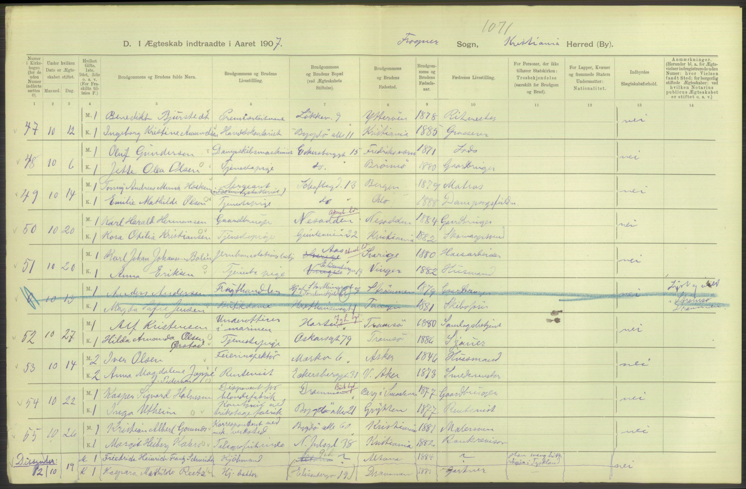 Statistisk sentralbyrå, Sosiodemografiske emner, Befolkning, AV/RA-S-2228/D/Df/Dfa/Dfae/L0008: Kristiania: Gifte, 1907, p. 566