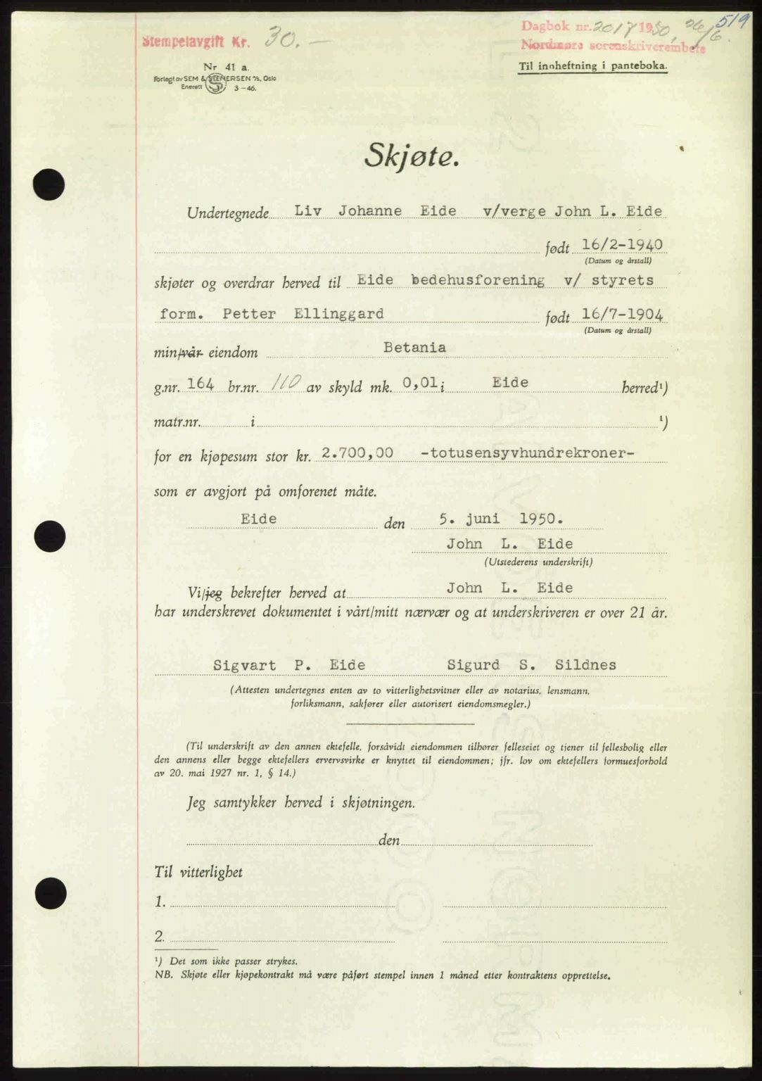 Nordmøre sorenskriveri, AV/SAT-A-4132/1/2/2Ca: Mortgage book no. A115, 1950-1950, Diary no: : 2017/1950