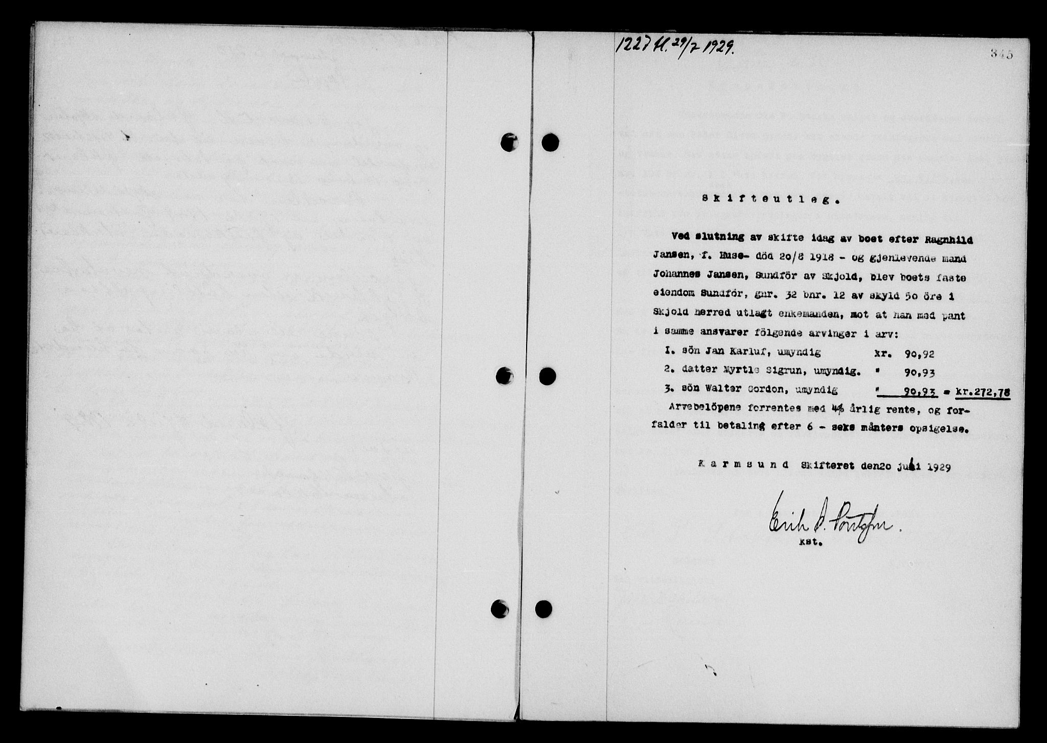 Karmsund sorenskriveri, SAST/A-100311/01/II/IIB/L0055: Mortgage book no. 36, 1929-1929, Deed date: 29.07.1929