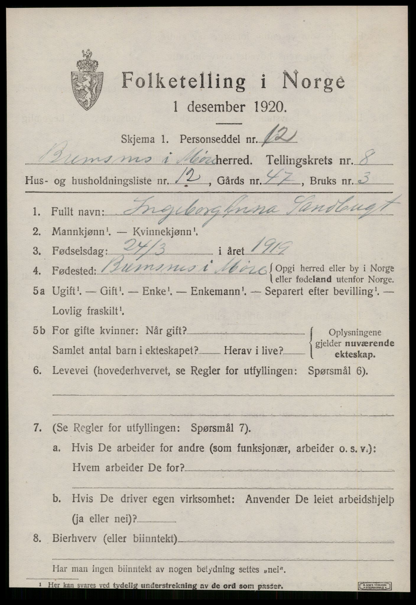 SAT, 1920 census for Bremsnes, 1920, p. 6873