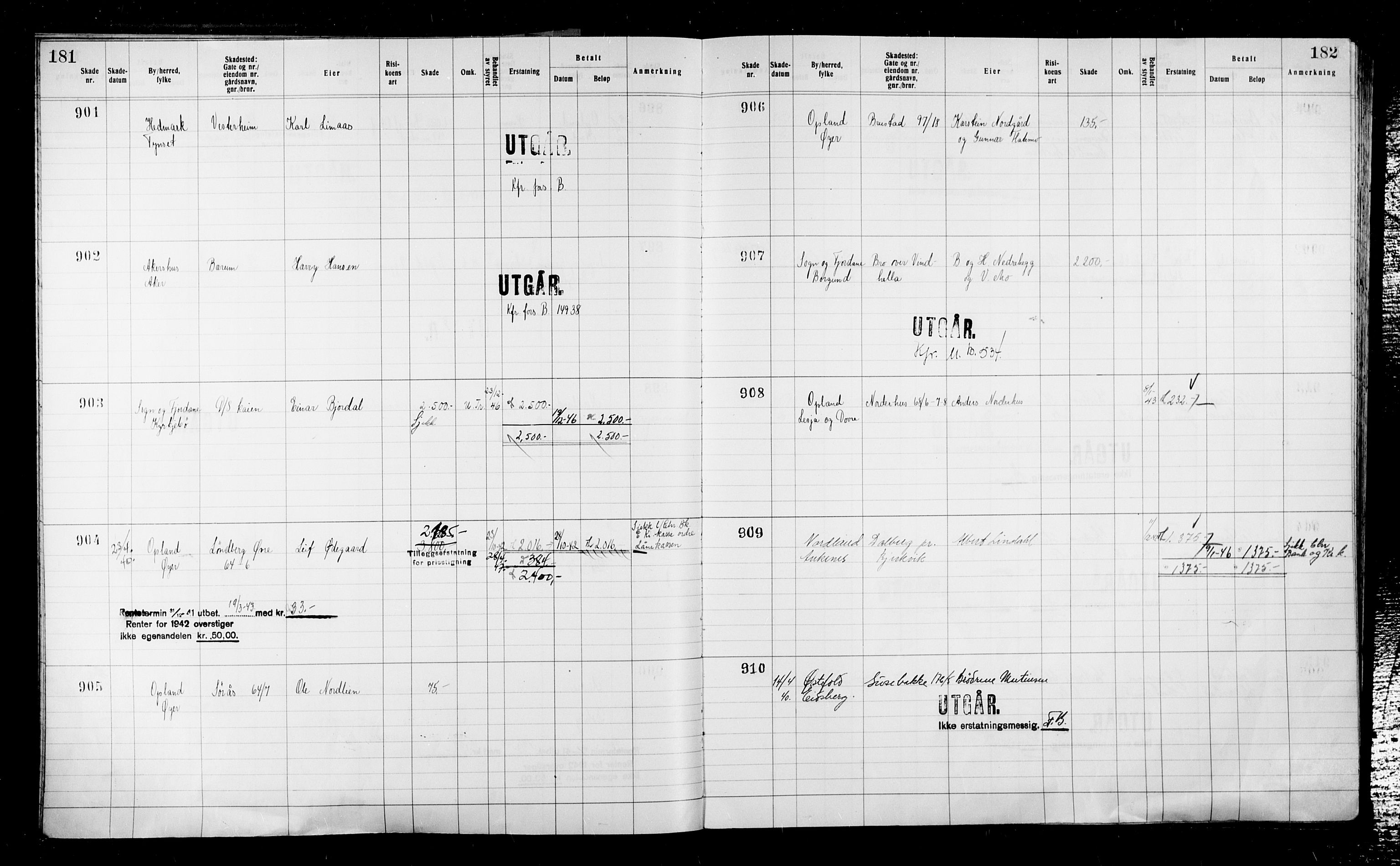 Krigsskadetrygdene for bygninger og løsøre, RA/S-1548/V/L0043: Bygning, ikke trygdet., 1940-1945, p. 181-182