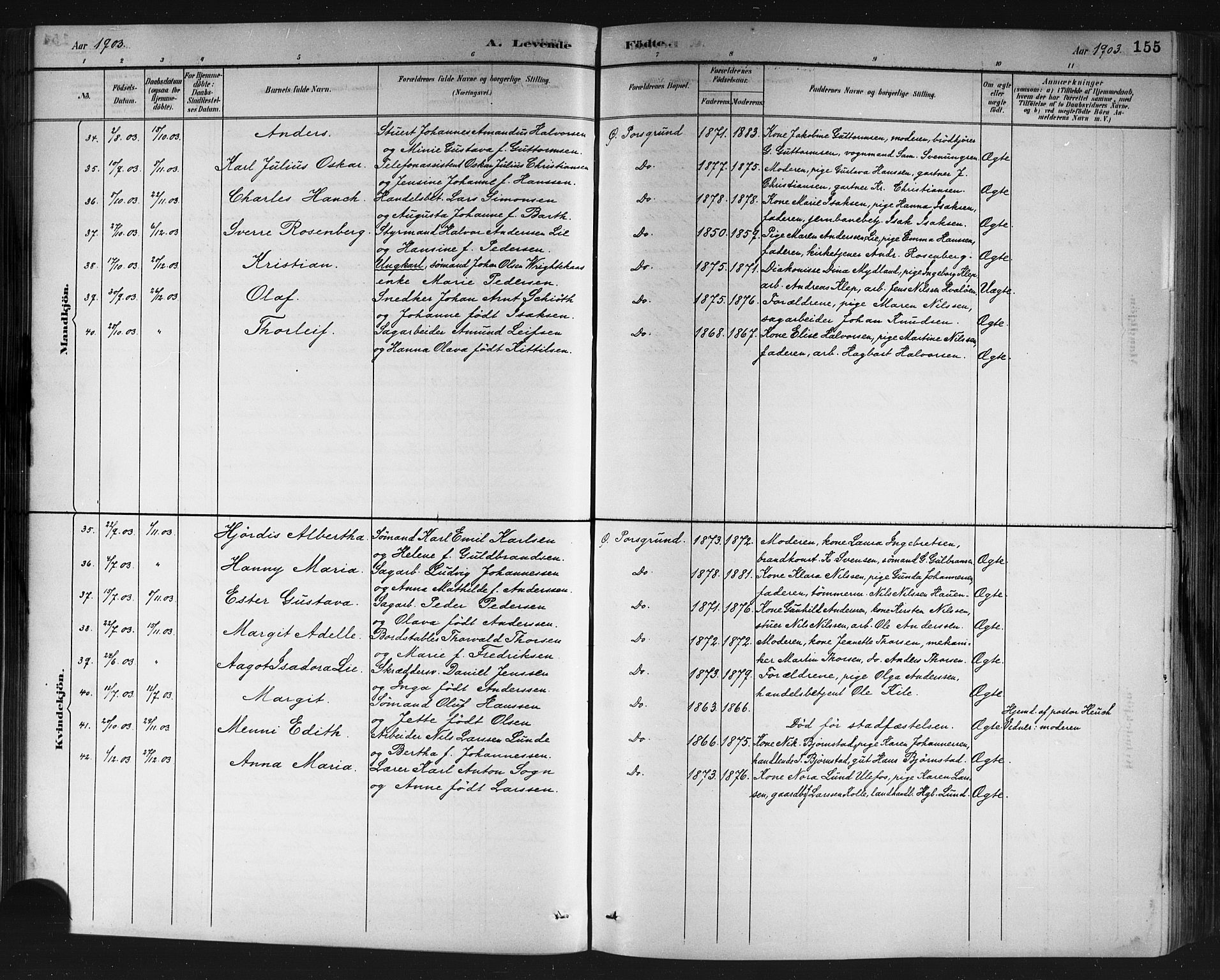 Porsgrunn kirkebøker , SAKO/A-104/G/Gb/L0005: Parish register (copy) no. II 5, 1883-1915, p. 155