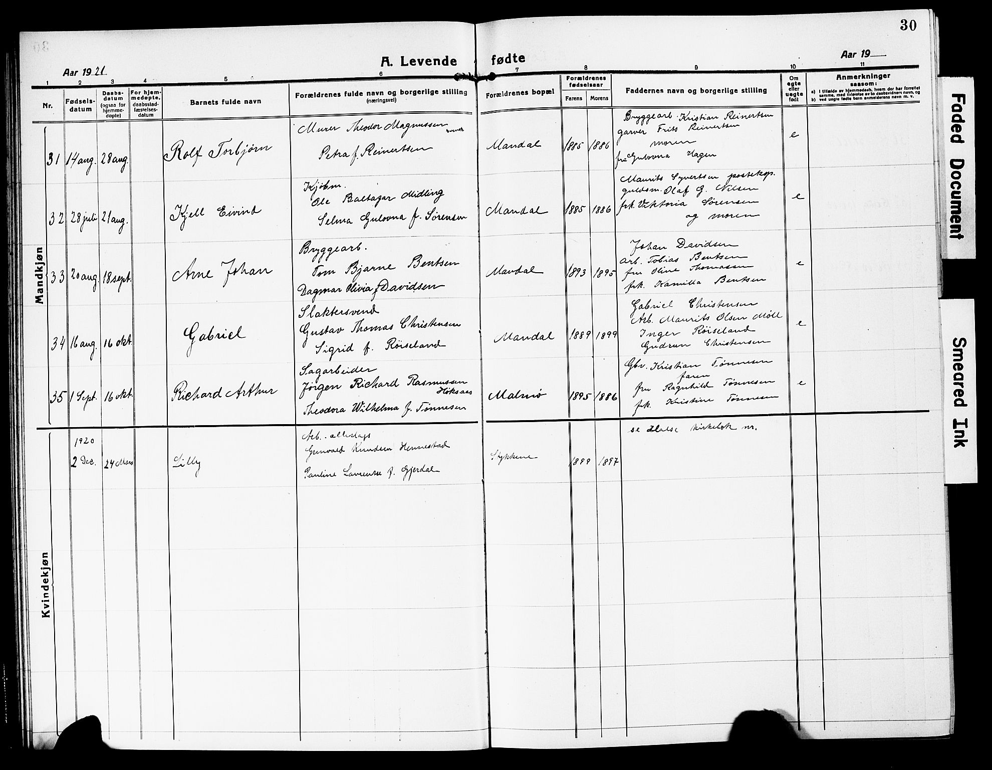 Mandal sokneprestkontor, AV/SAK-1111-0030/F/Fb/Fbc/L0001: Parish register (copy) no. B 1, 1918-1931, p. 30