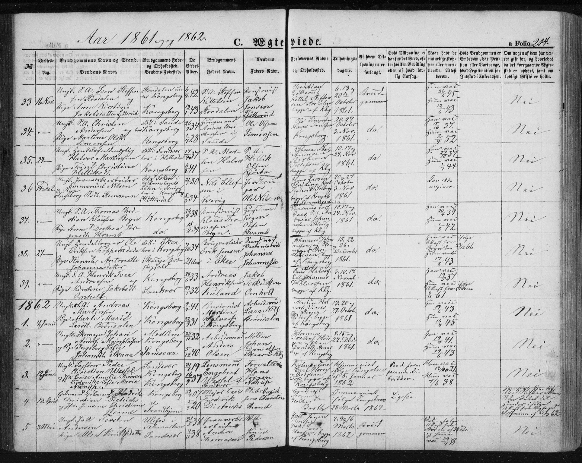 Kongsberg kirkebøker, SAKO/A-22/F/Fa/L0010: Parish register (official) no. I 10, 1859-1875, p. 214