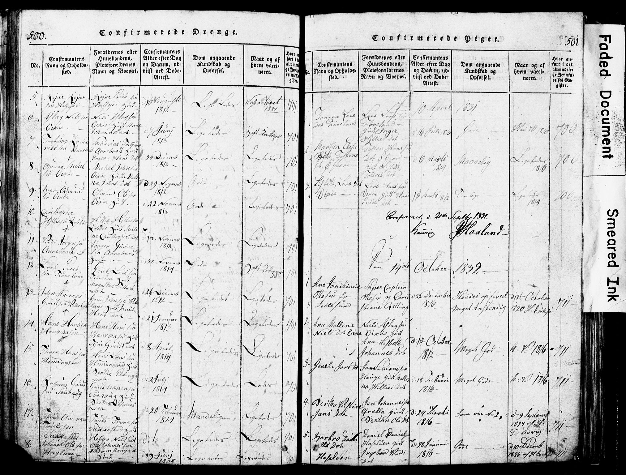 Torvastad sokneprestkontor, SAST/A -101857/H/Ha/Hab/L0002: Parish register (copy) no. B 2, 1817-1834, p. 500-501
