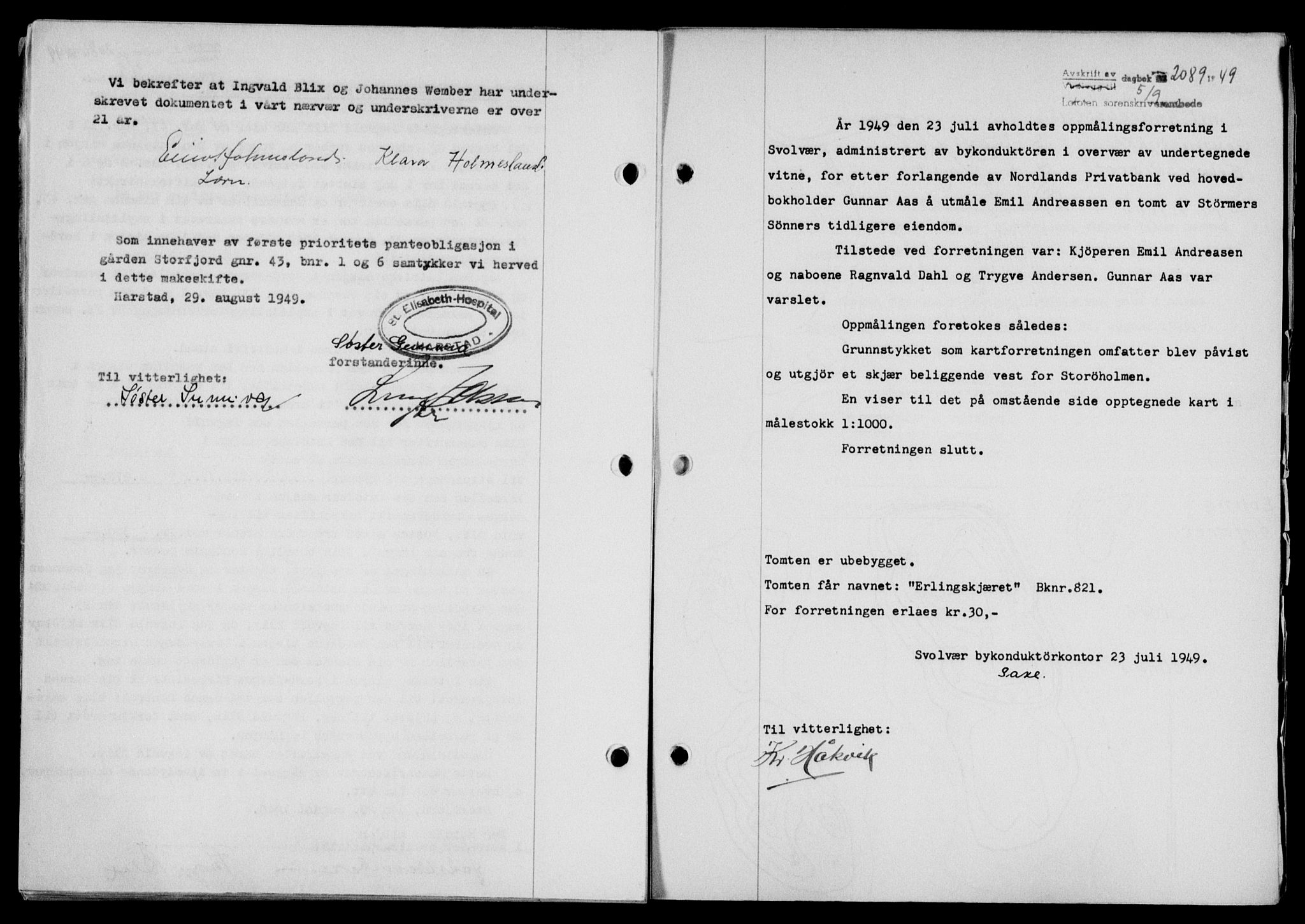 Lofoten sorenskriveri, SAT/A-0017/1/2/2C/L0021a: Mortgage book no. 21a, 1949-1949, Diary no: : 2089/1949