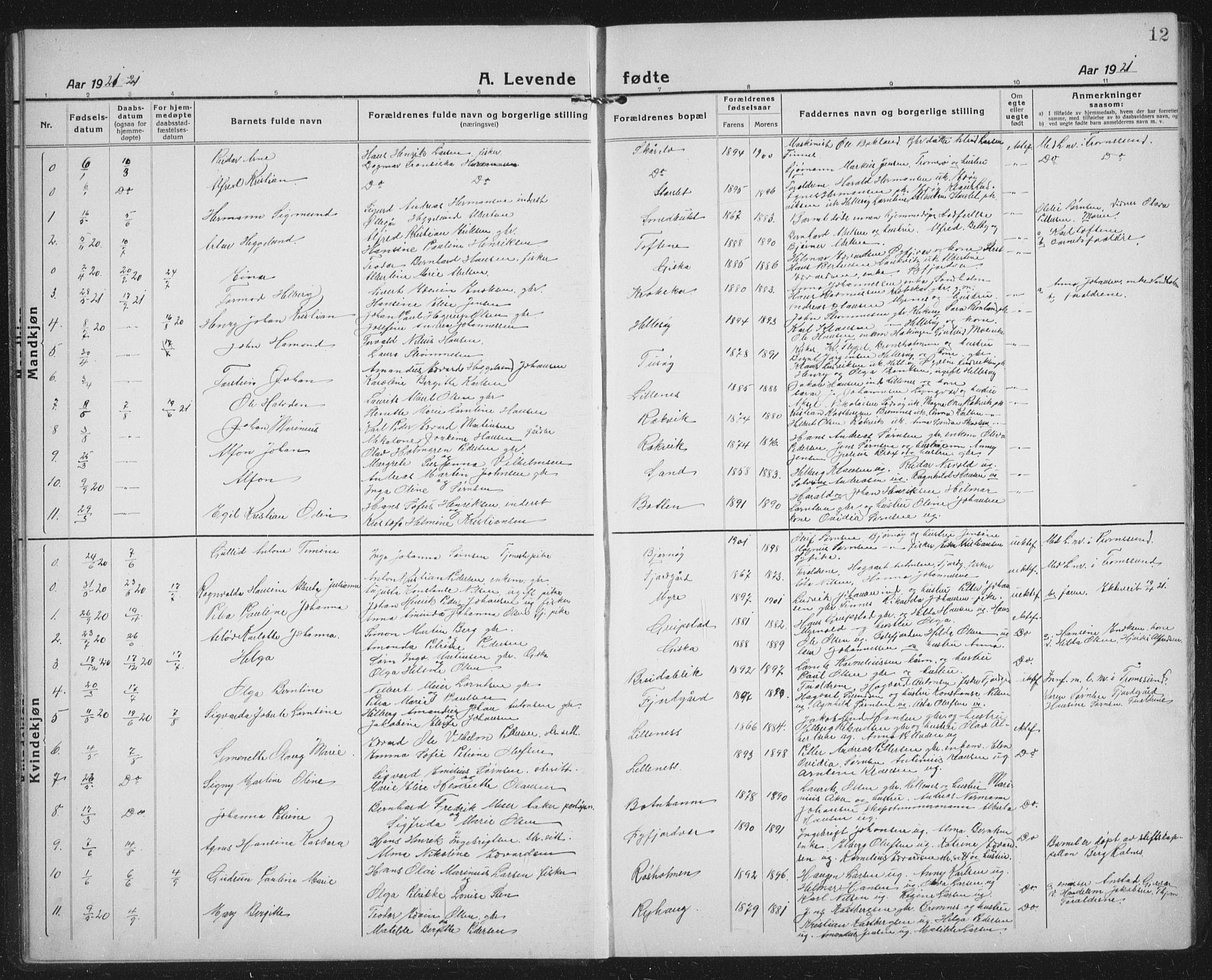 Lenvik sokneprestembete, SATØ/S-1310/H/Ha/Hab/L0023klokker: Parish register (copy) no. 23, 1918-1936, p. 12