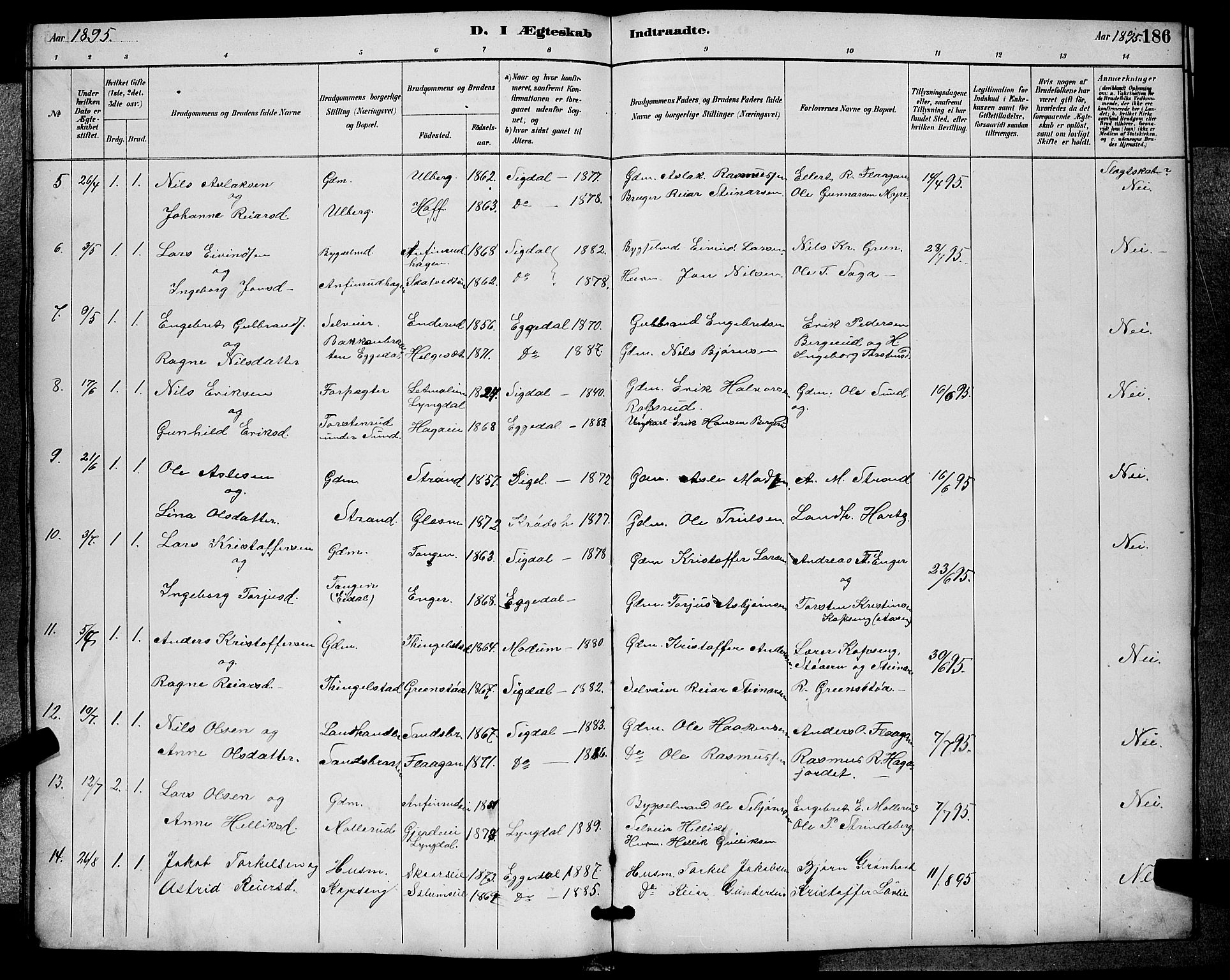 Sigdal kirkebøker, AV/SAKO-A-245/G/Ga/L0005: Parish register (copy) no. I 5, 1886-1900, p. 186