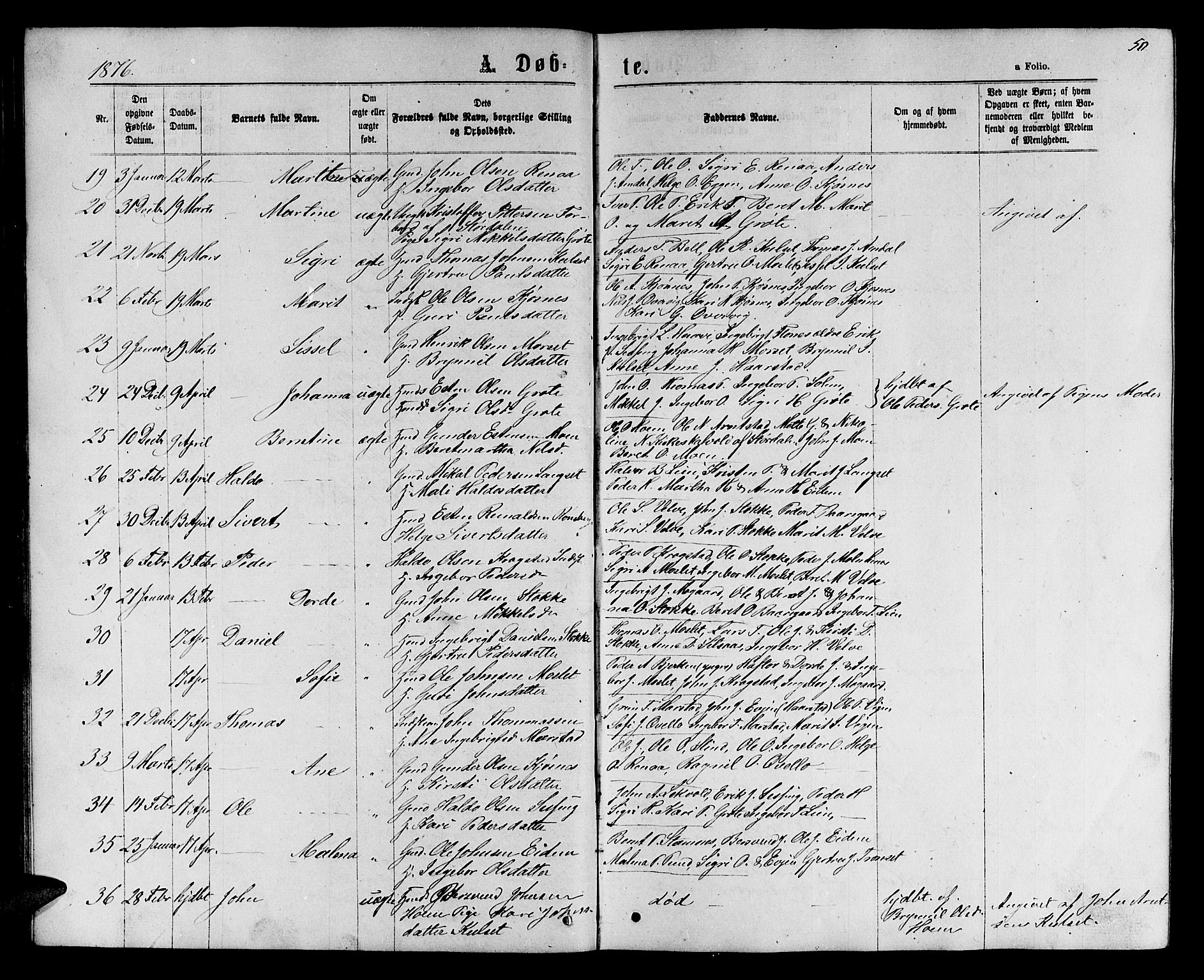 Ministerialprotokoller, klokkerbøker og fødselsregistre - Sør-Trøndelag, AV/SAT-A-1456/695/L1156: Parish register (copy) no. 695C07, 1869-1888, p. 50