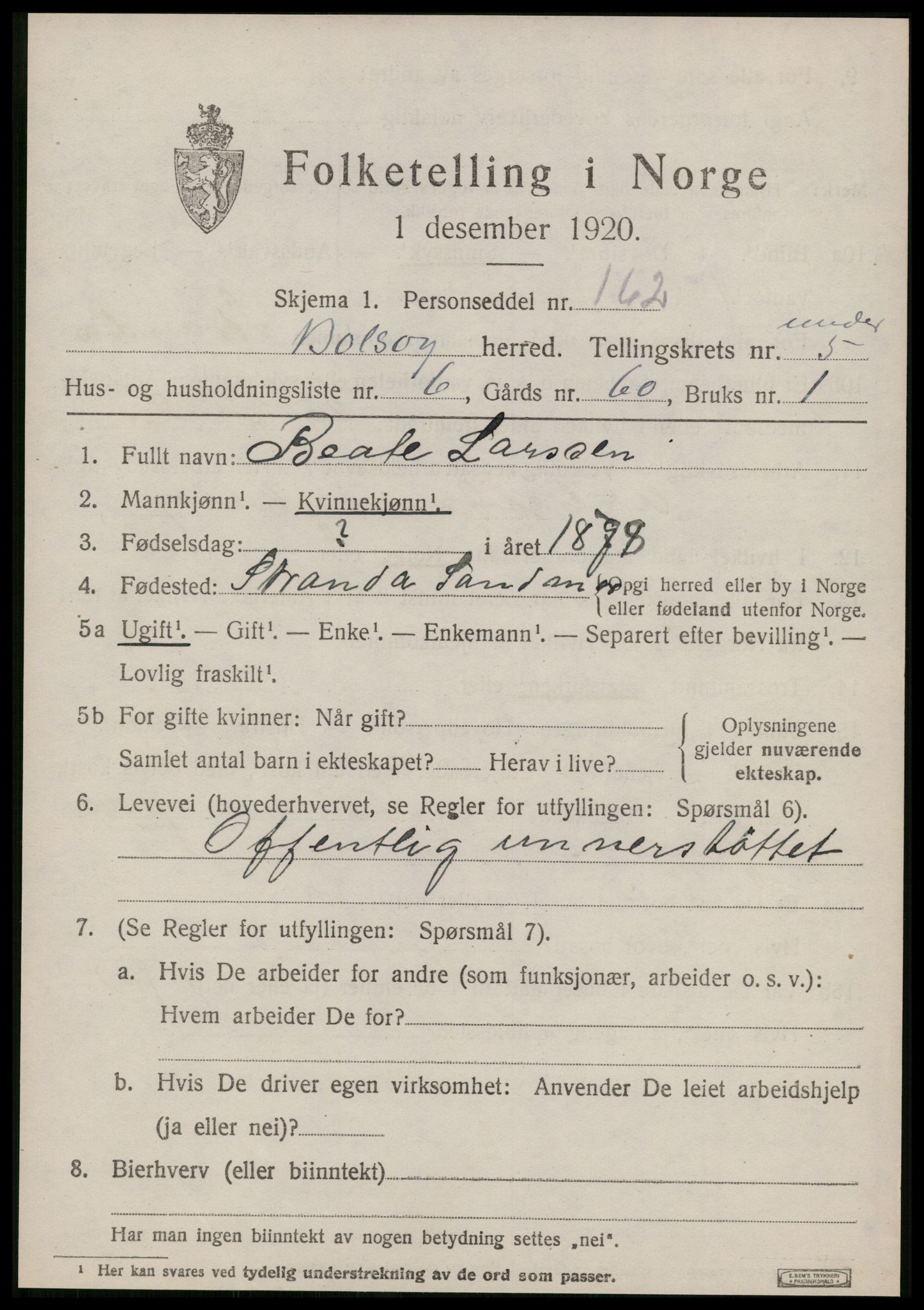 SAT, 1920 census for Bolsøy, 1920, p. 7523