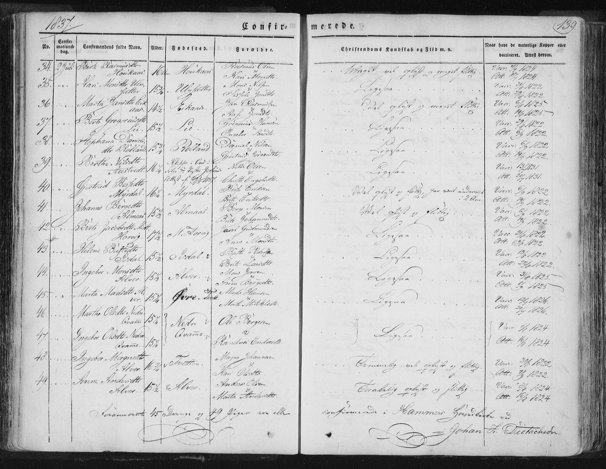 Hamre sokneprestembete, AV/SAB-A-75501/H/Ha/Haa/Haaa/L0012: Parish register (official) no. A 12, 1834-1845, p. 139