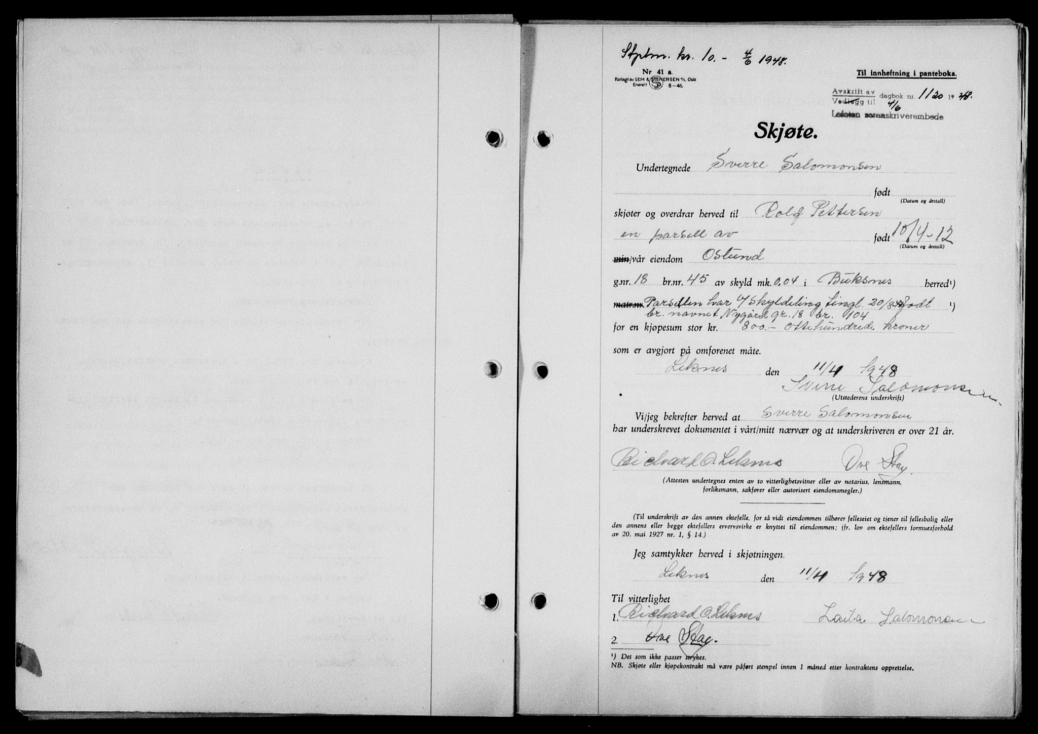 Lofoten sorenskriveri, SAT/A-0017/1/2/2C/L0018a: Mortgage book no. 18a, 1948-1948, Diary no: : 1120/1948