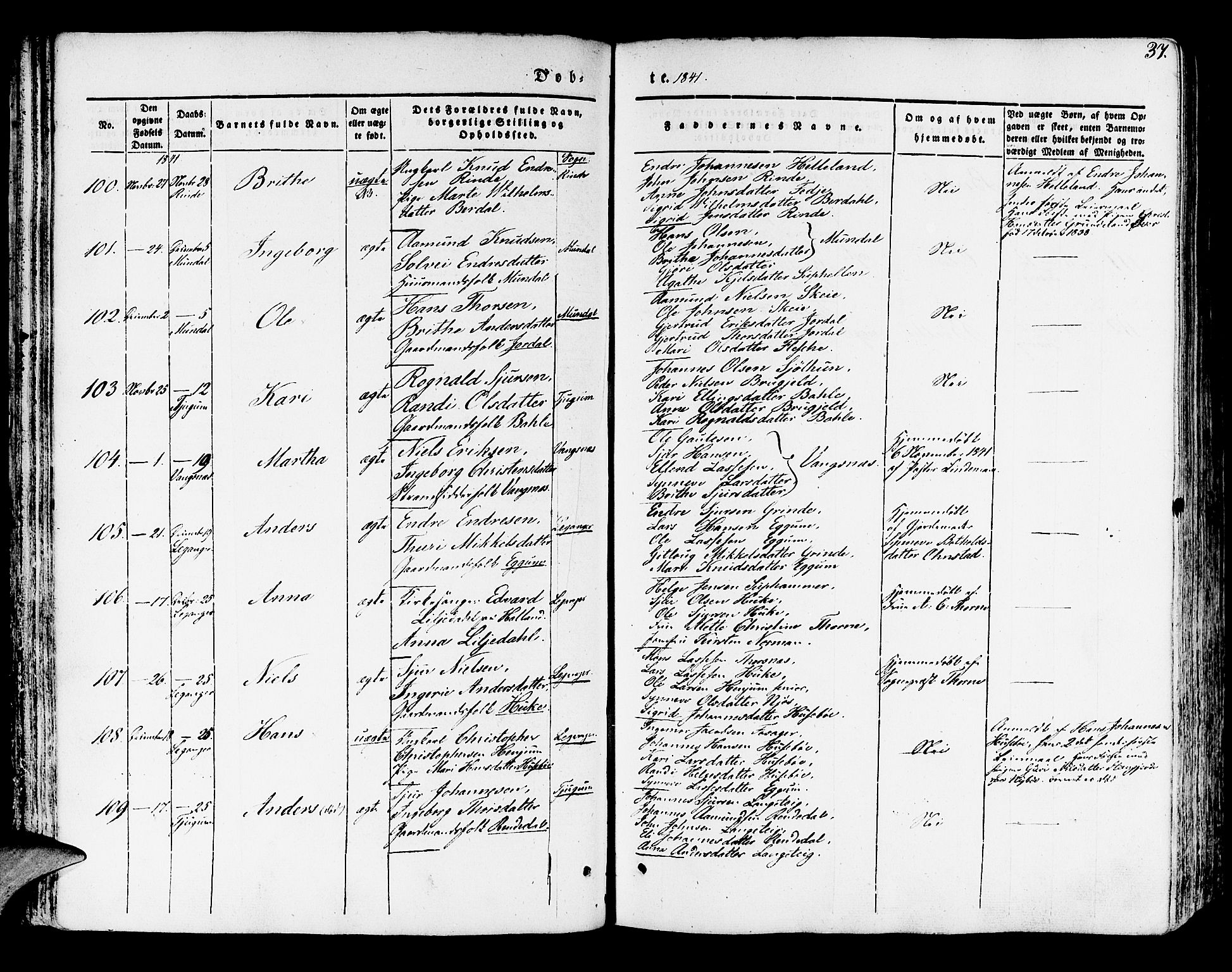 Leikanger sokneprestembete, SAB/A-81001: Parish register (official) no. A 7, 1838-1851, p. 37