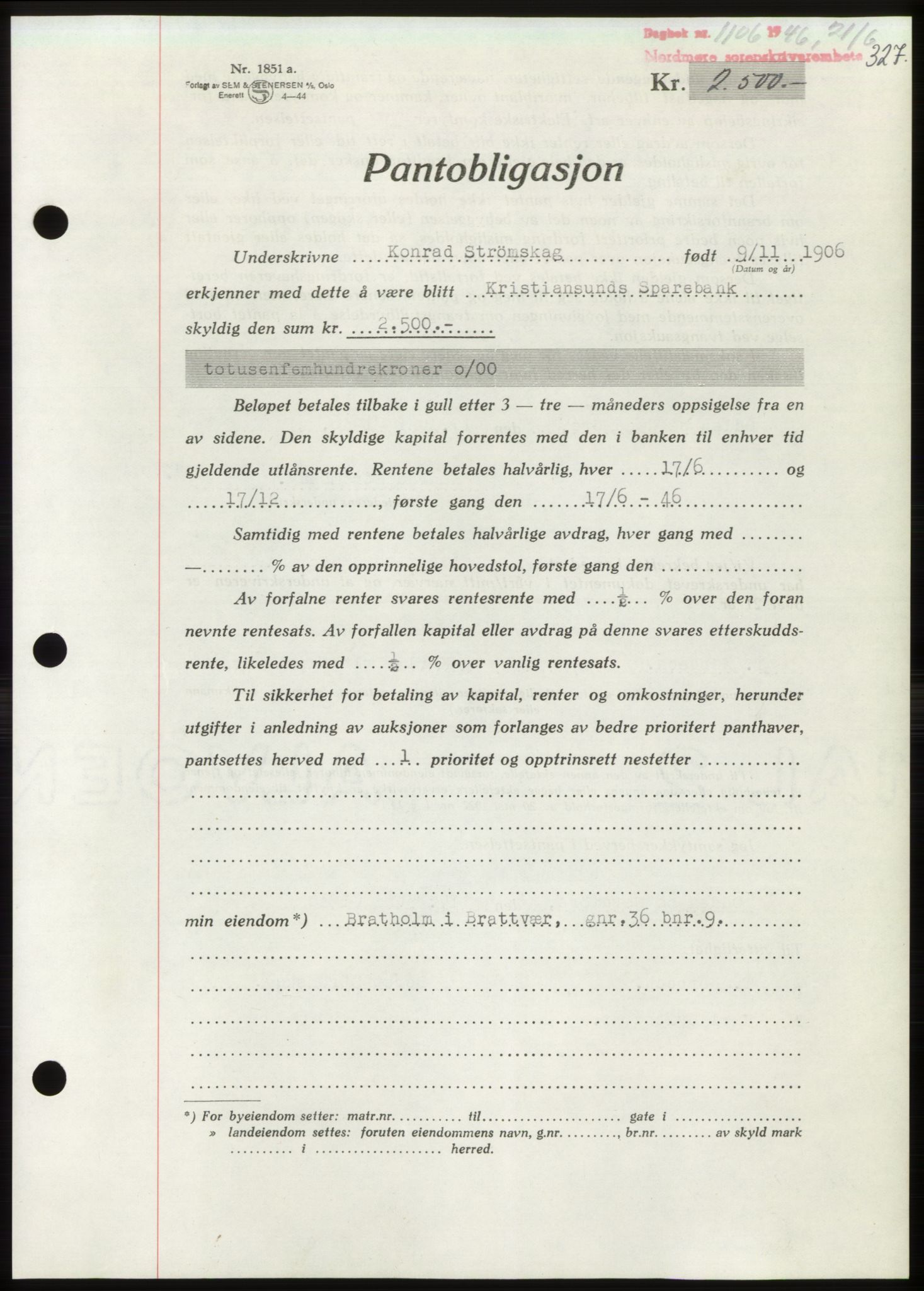 Nordmøre sorenskriveri, AV/SAT-A-4132/1/2/2Ca: Mortgage book no. B94, 1946-1946, Diary no: : 1106/1946