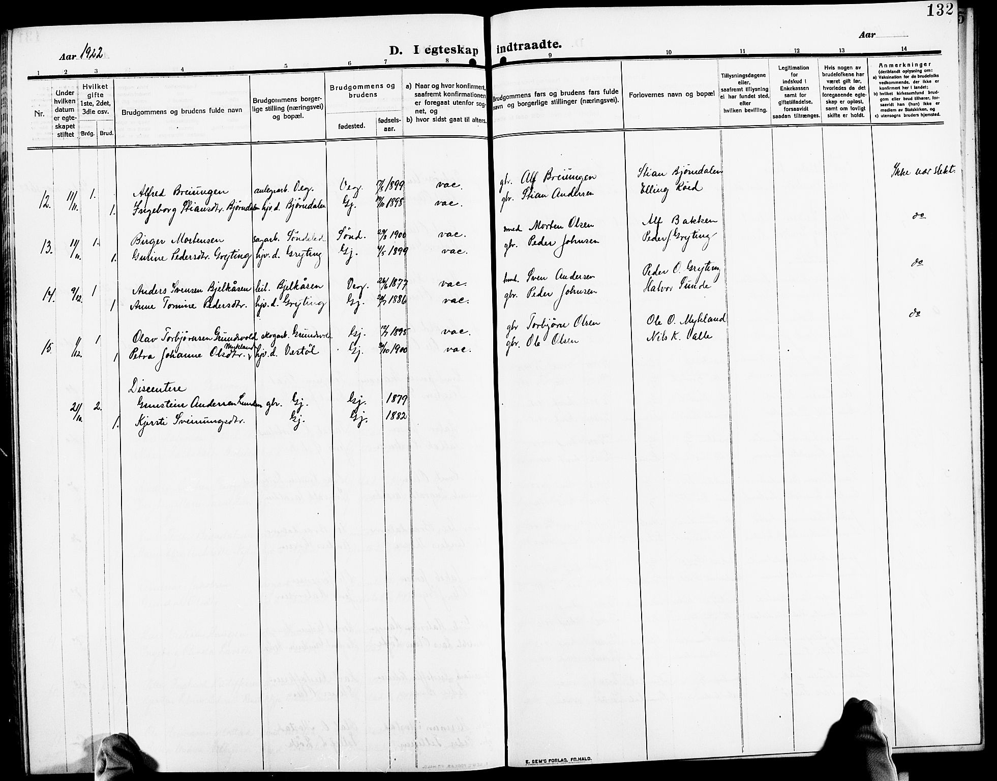 Gjerstad sokneprestkontor, AV/SAK-1111-0014/F/Fb/Fba/L0008: Parish register (copy) no. B 8, 1909-1925, p. 132