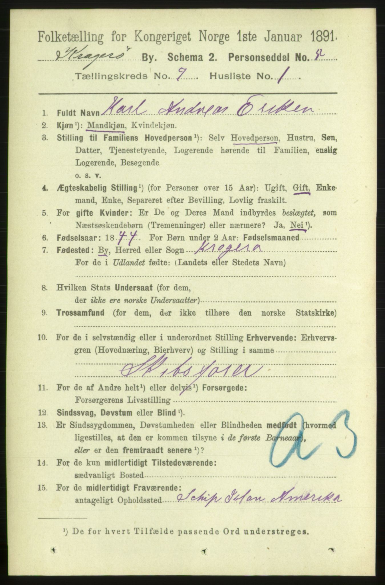 RA, 1891 census for 0801 Kragerø, 1891, p. 3472