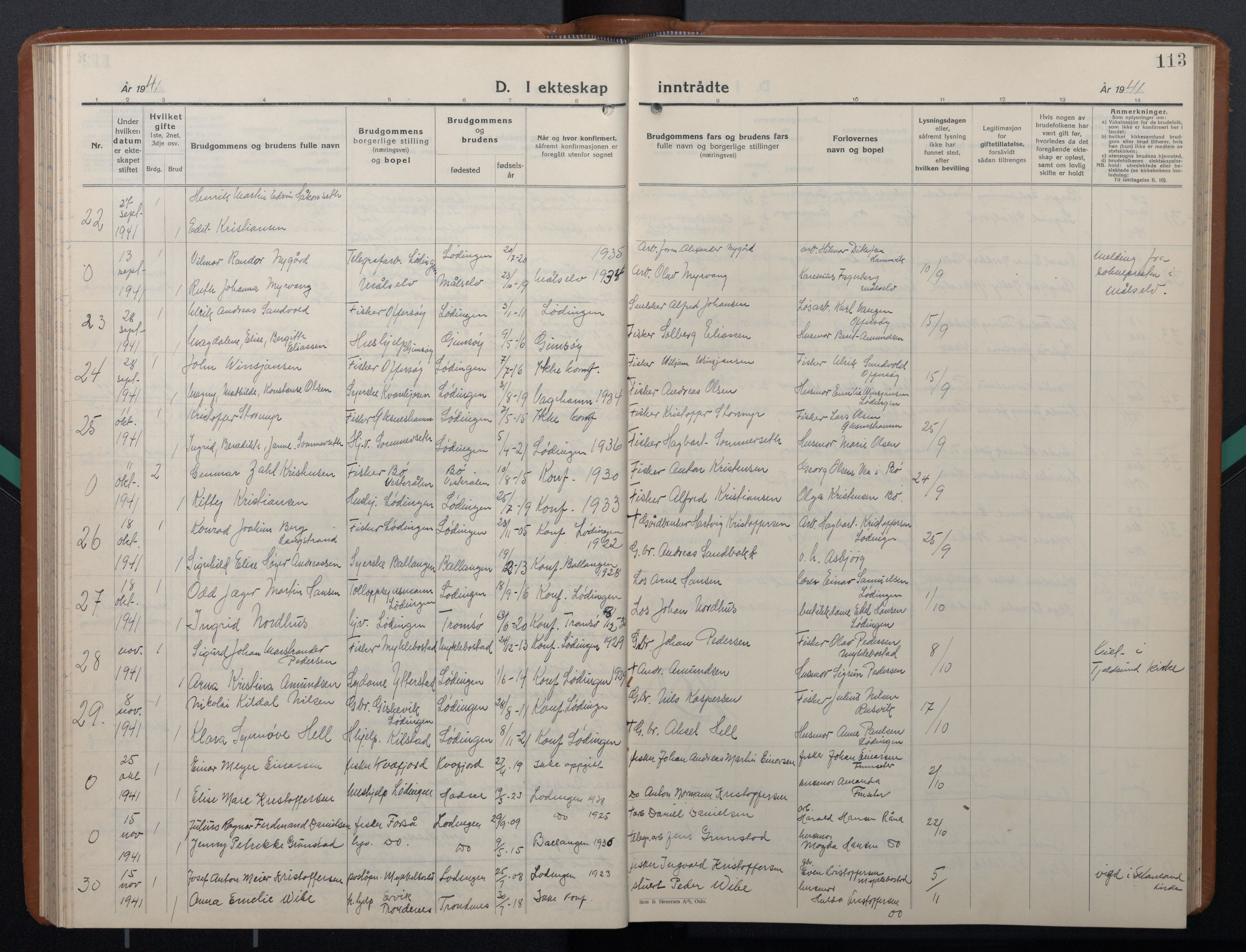 Ministerialprotokoller, klokkerbøker og fødselsregistre - Nordland, AV/SAT-A-1459/872/L1051: Parish register (copy) no. 872C07, 1939-1947, p. 113