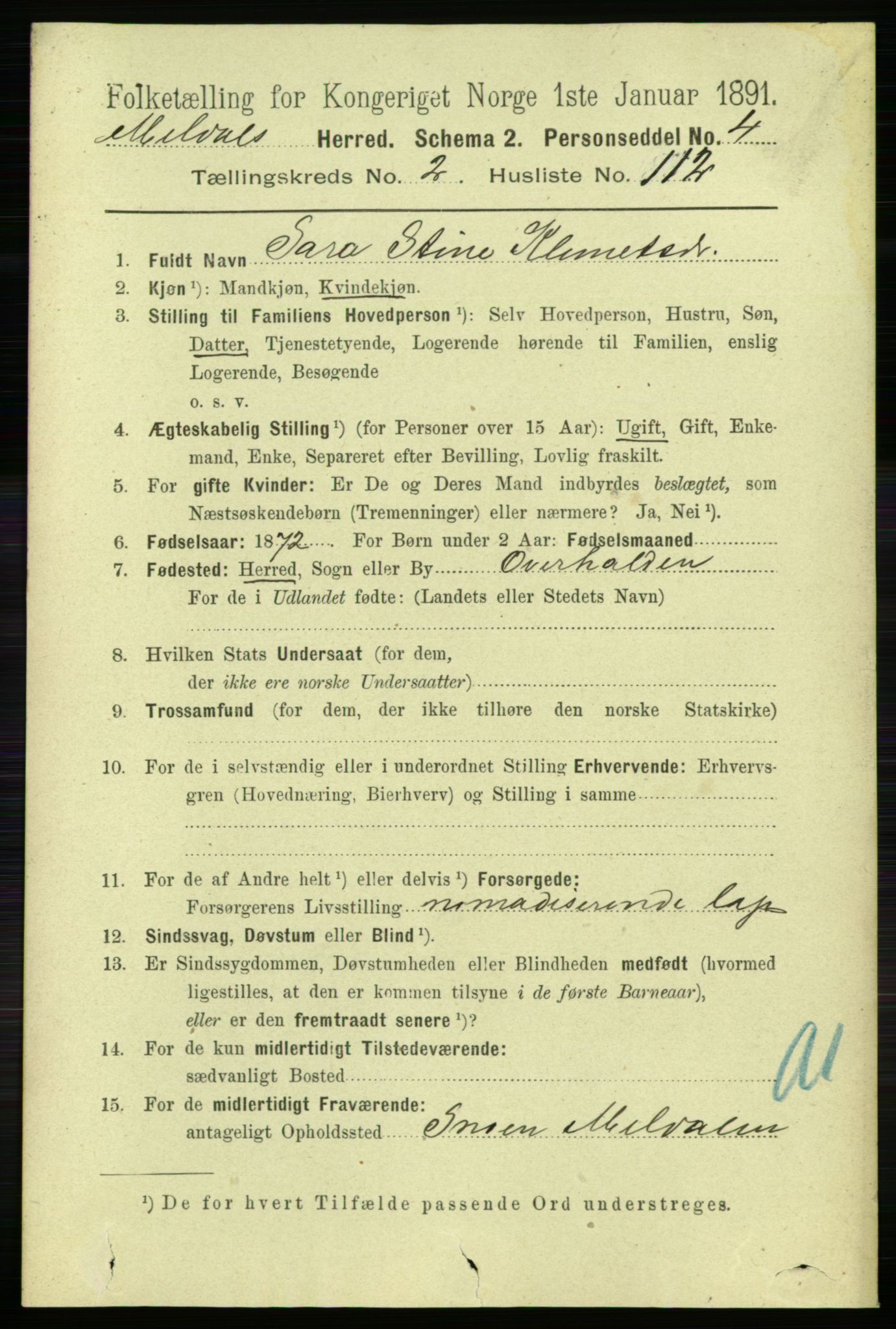 RA, 1891 census for 1636 Meldal, 1891, p. 1695