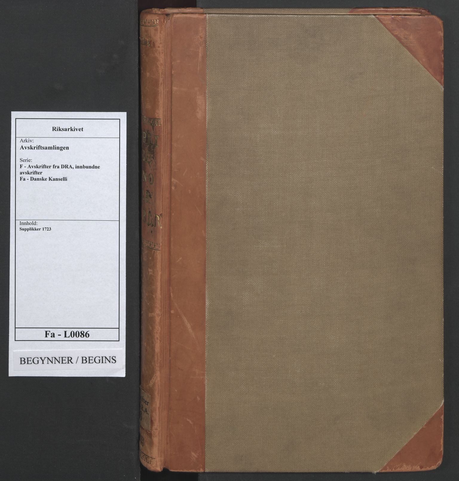 Avskriftsamlingen, RA/EA-4022/F/Fa/L0086: Supplikker, 1723, p. 1