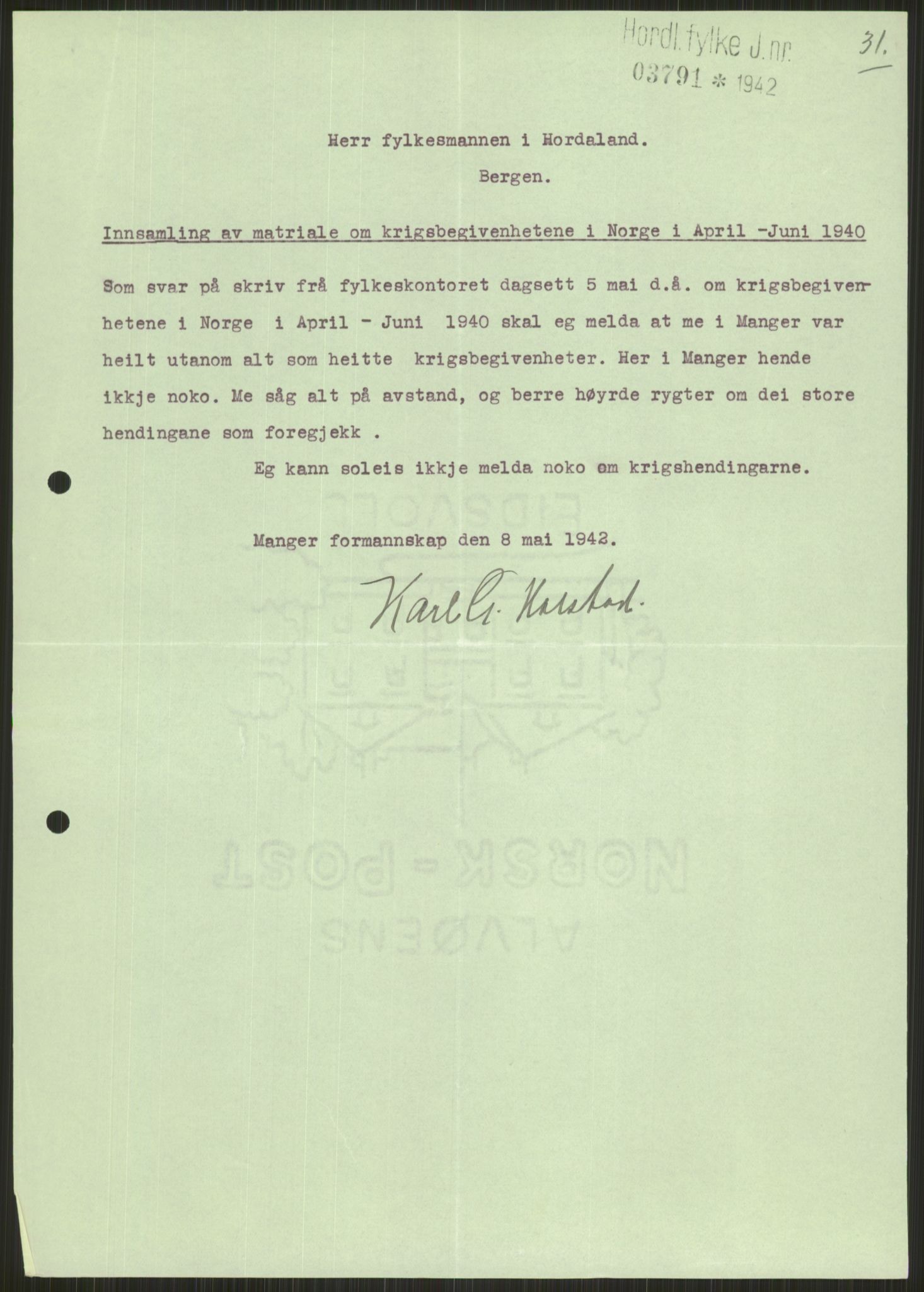 Forsvaret, Forsvarets krigshistoriske avdeling, AV/RA-RAFA-2017/Y/Ya/L0015: II-C-11-31 - Fylkesmenn.  Rapporter om krigsbegivenhetene 1940., 1940, p. 378