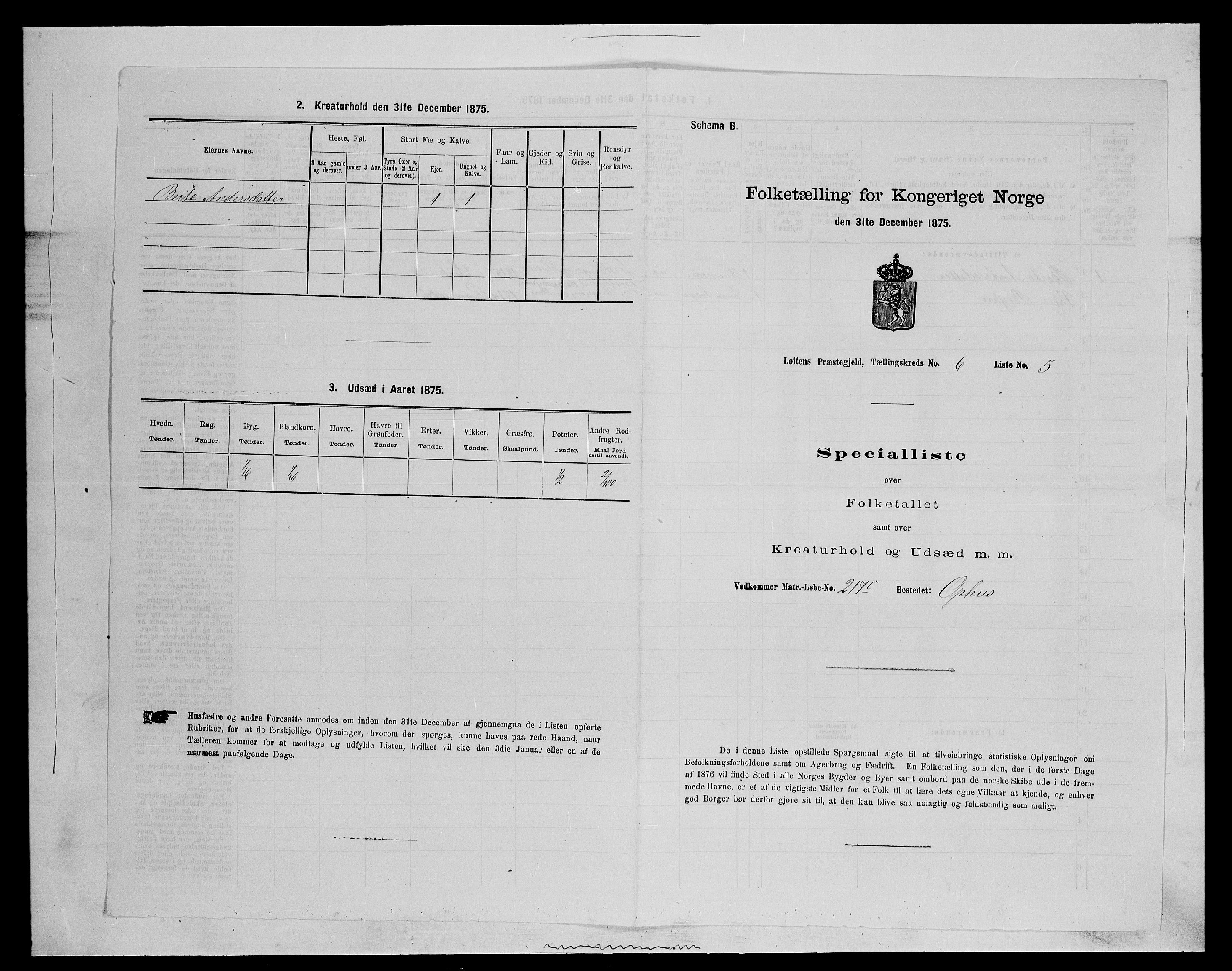 SAH, 1875 census for 0415P Løten, 1875, p. 1259