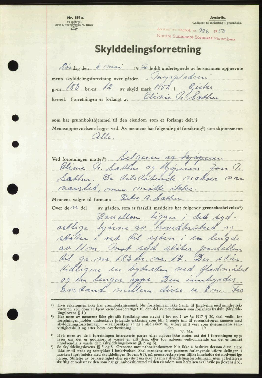 Nordre Sunnmøre sorenskriveri, AV/SAT-A-0006/1/2/2C/2Ca: Mortgage book no. A34, 1950-1950, Diary no: : 986/1950