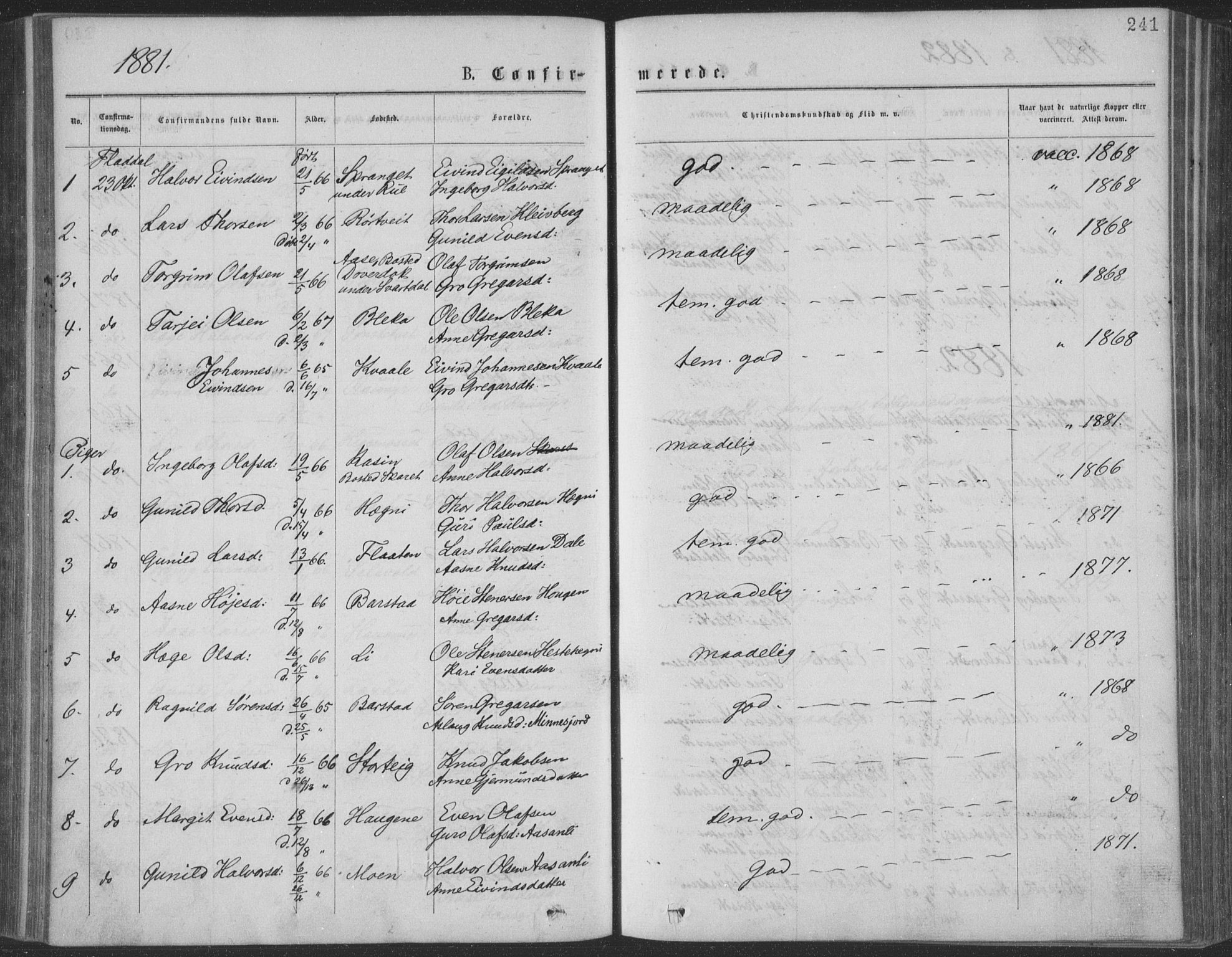 Seljord kirkebøker, SAKO/A-20/F/Fa/L0014: Parish register (official) no. I 14, 1877-1886, p. 241