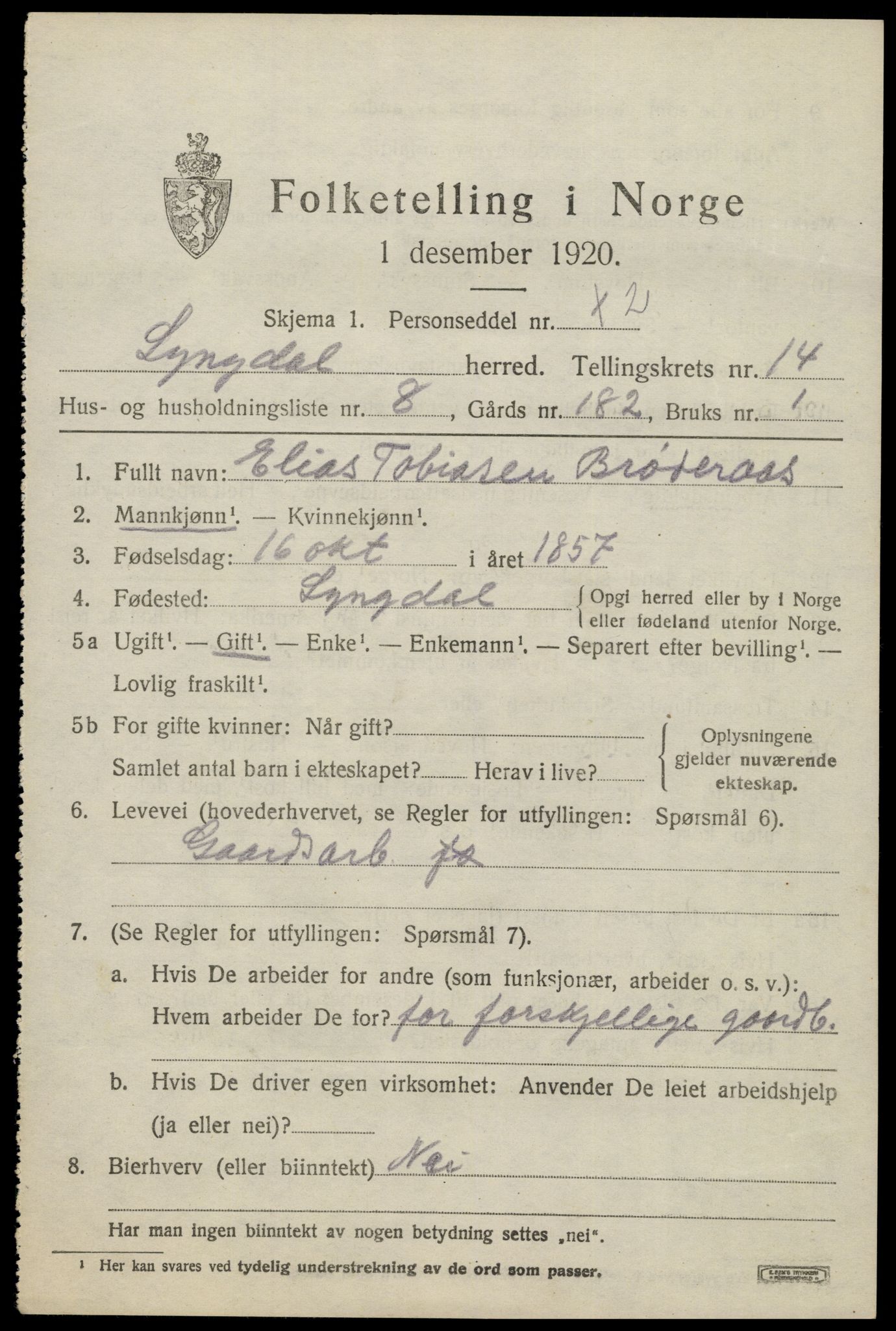 SAK, 1920 census for Lyngdal, 1920, p. 6049