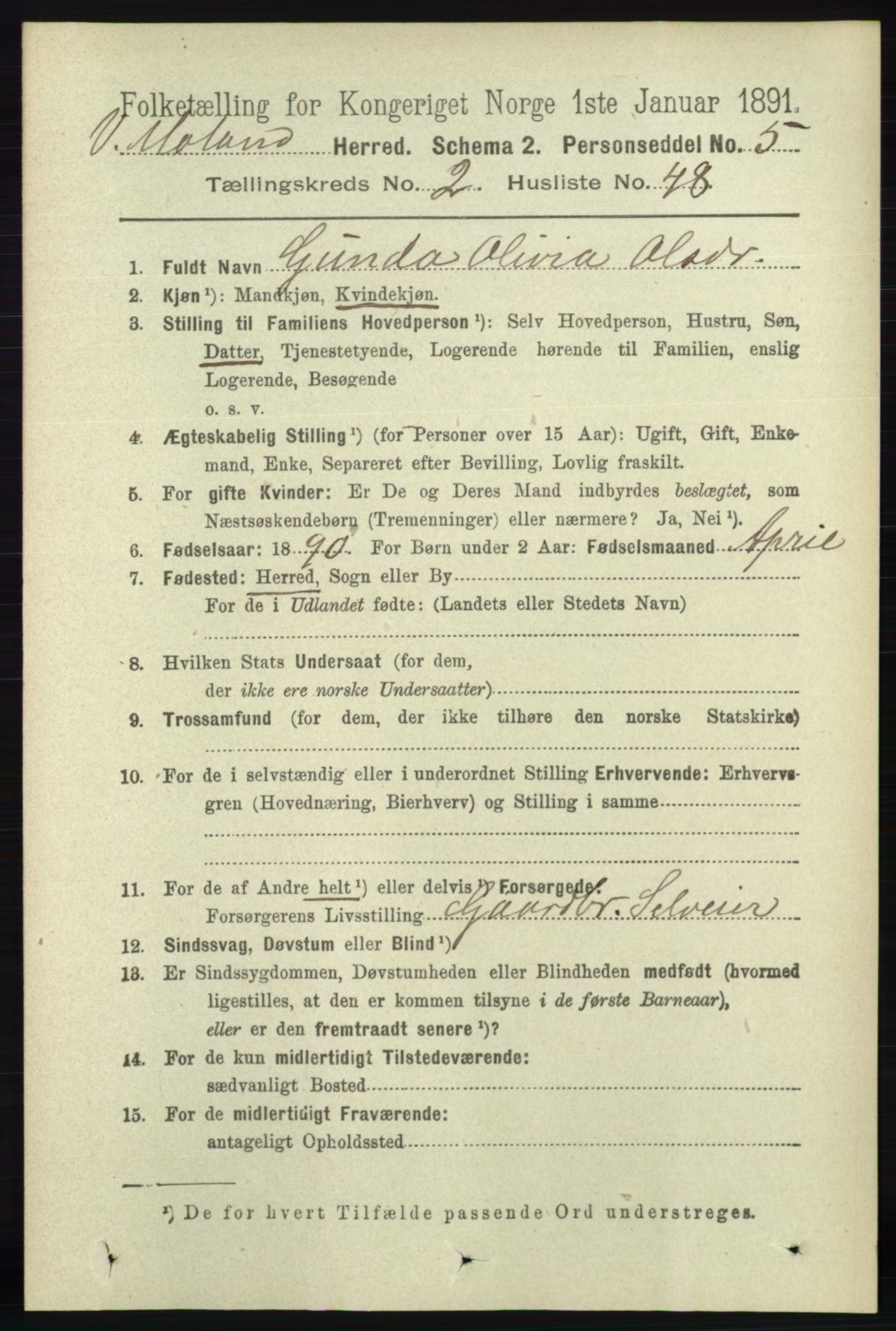 RA, 1891 census for 0926 Vestre Moland, 1891, p. 874