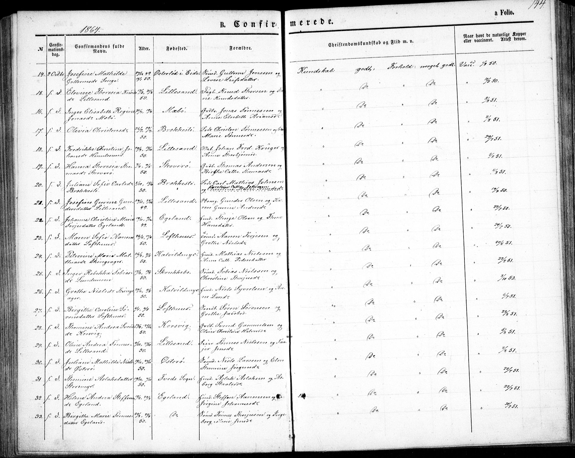 Vestre Moland sokneprestkontor, AV/SAK-1111-0046/F/Fb/Fbb/L0004: Parish register (copy) no. B 4, 1861-1872, p. 144