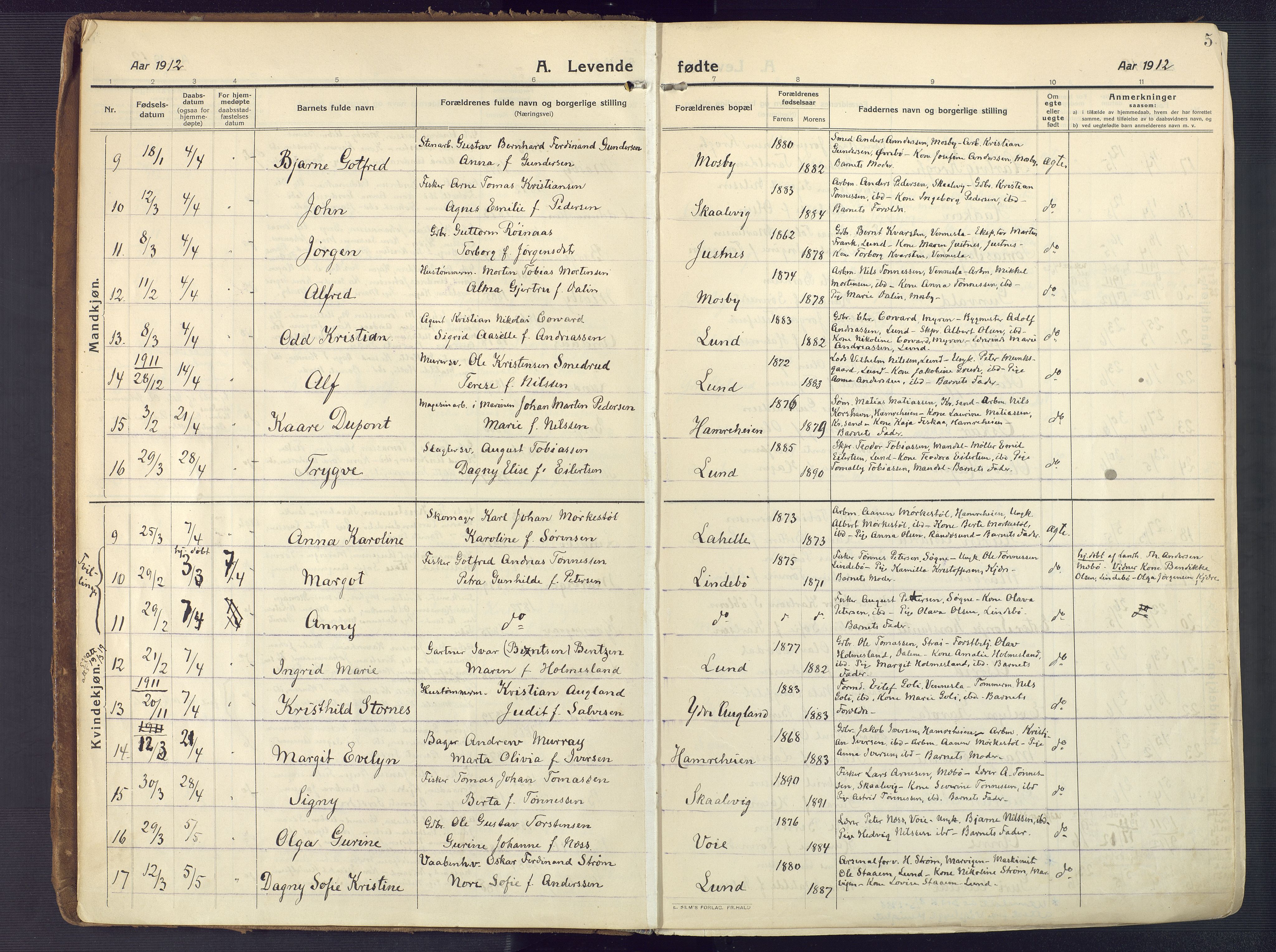 Oddernes sokneprestkontor, AV/SAK-1111-0033/F/Fa/Faa/L0012: Parish register (official) no. A 12, 1912-1925, p. 5