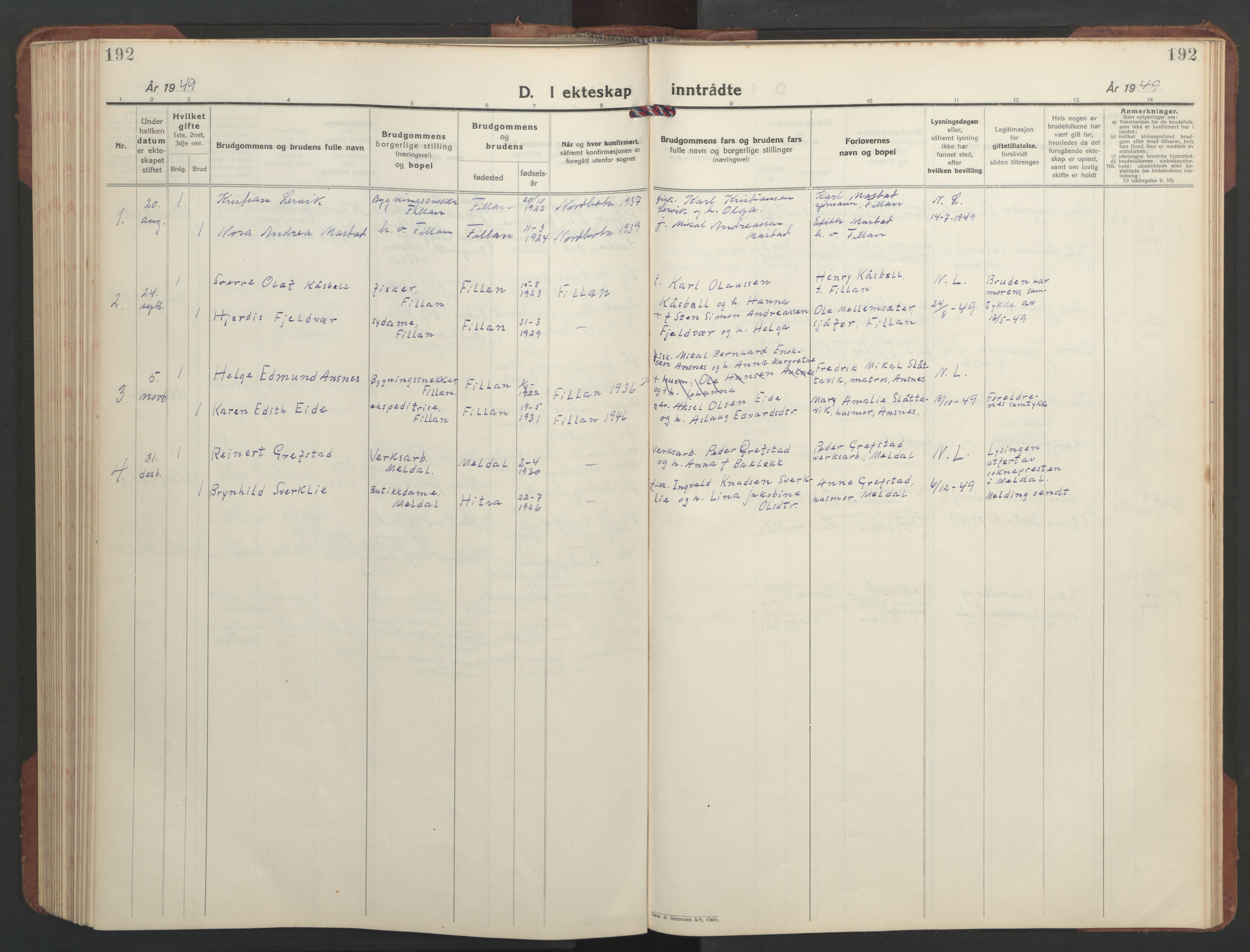 Ministerialprotokoller, klokkerbøker og fødselsregistre - Sør-Trøndelag, AV/SAT-A-1456/637/L0564: Parish register (copy) no. 637C05, 1928-1968, p. 192