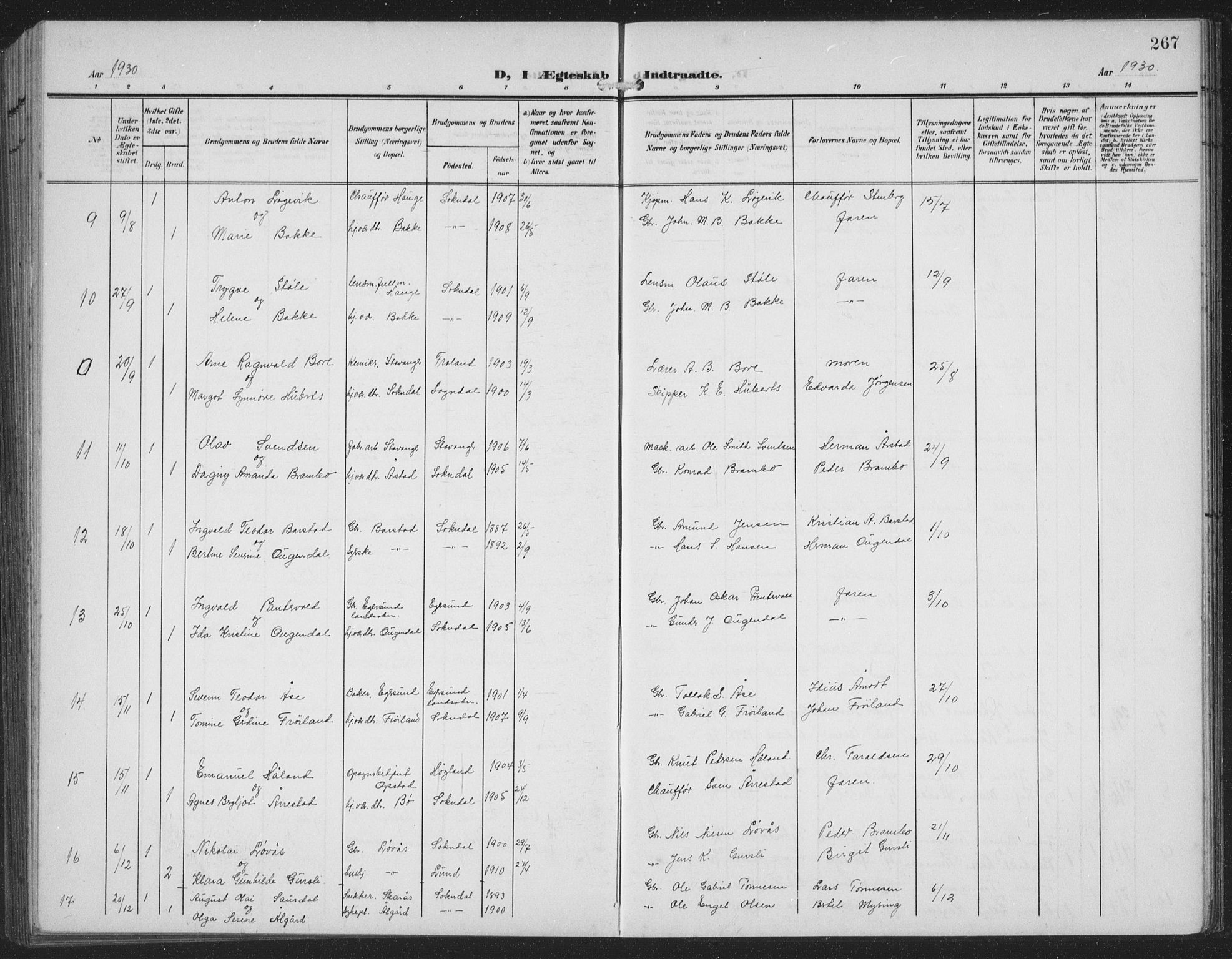 Sokndal sokneprestkontor, AV/SAST-A-101808: Parish register (copy) no. B 8, 1908-1934, p. 267