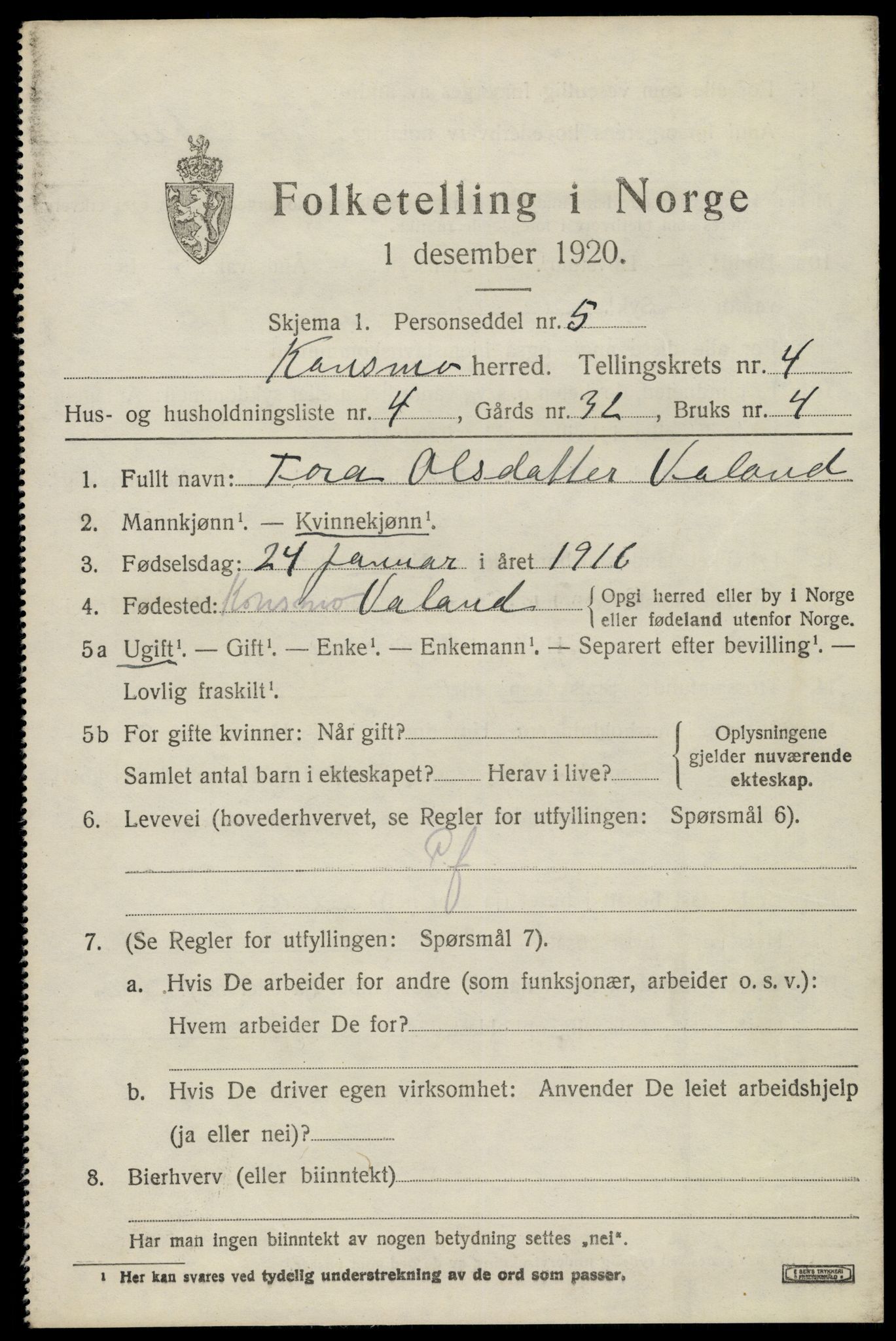 SAK, 1920 census for Konsmo, 1920, p. 1230