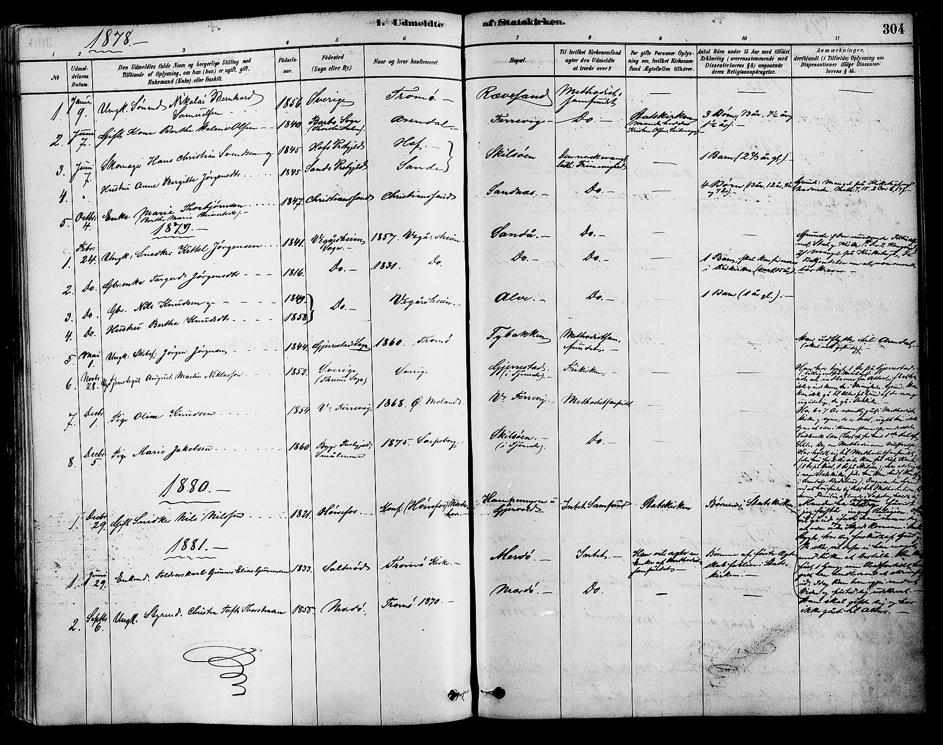 Tromøy sokneprestkontor, AV/SAK-1111-0041/F/Fa/L0009: Parish register (official) no. A 9, 1878-1896, p. 304