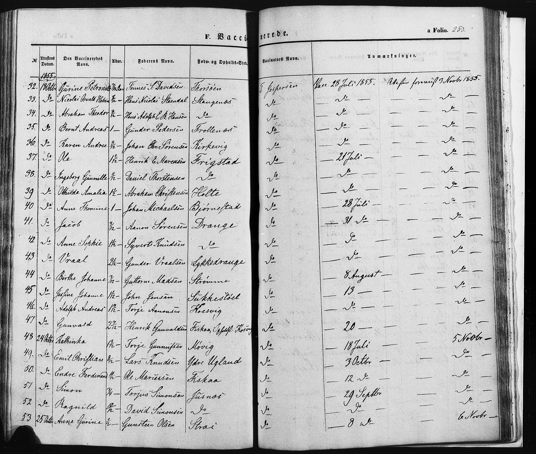 Oddernes sokneprestkontor, SAK/1111-0033/F/Fa/Faa/L0007: Parish register (official) no. A 7, 1851-1863, p. 253