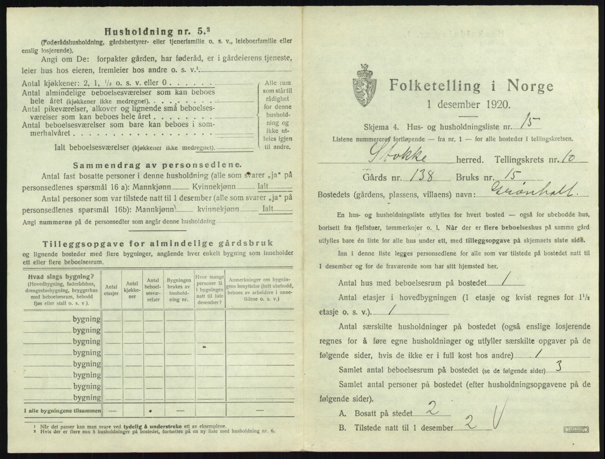 SAKO, 1920 census for Stokke, 1920, p. 1848