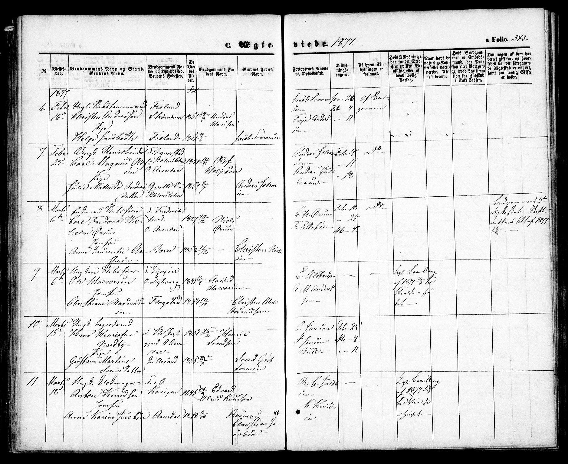 Arendal sokneprestkontor, Trefoldighet, SAK/1111-0040/F/Fa/L0007: Parish register (official) no. A 7, 1868-1878, p. 343
