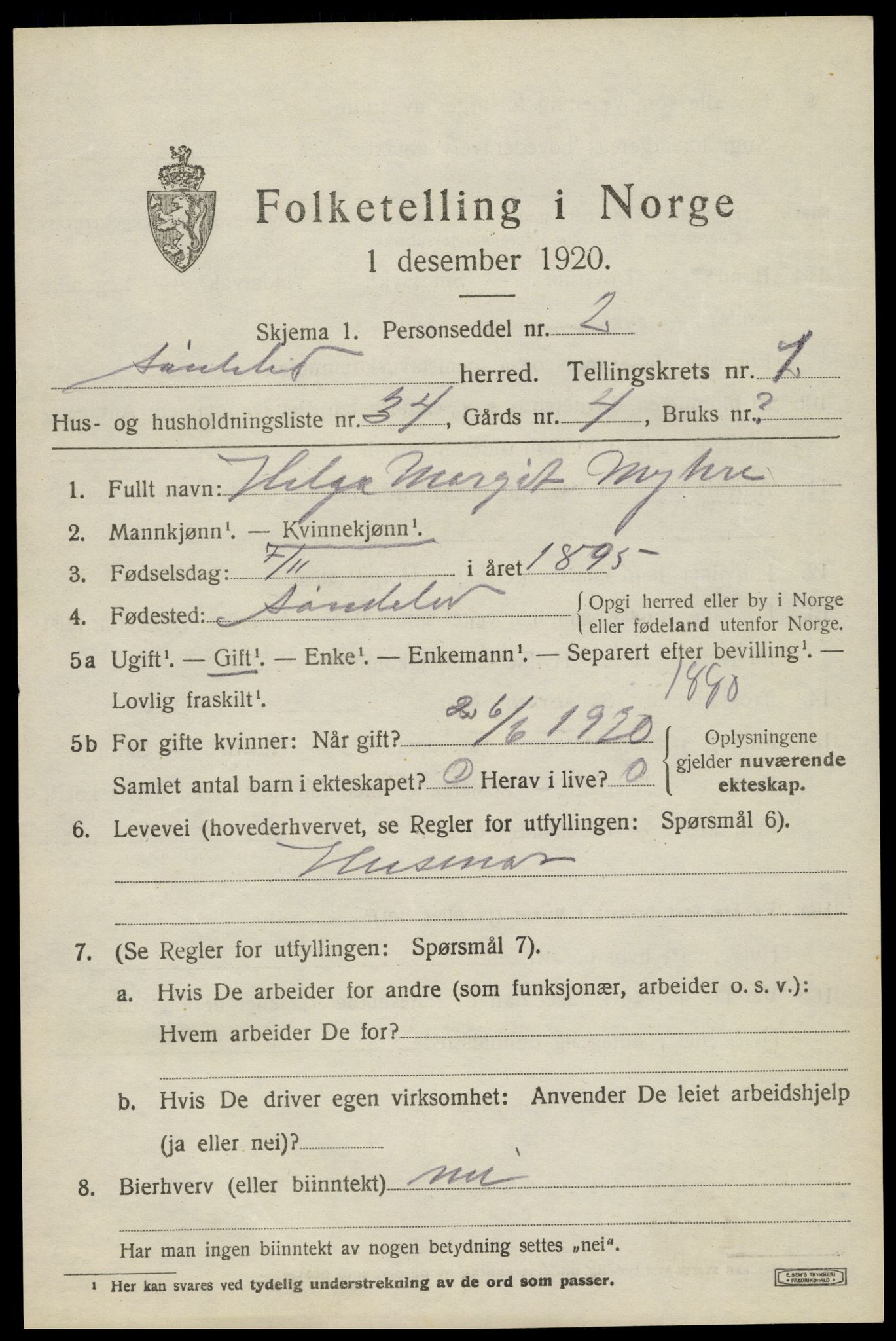 SAK, 1920 census for Søndeled, 1920, p. 1717