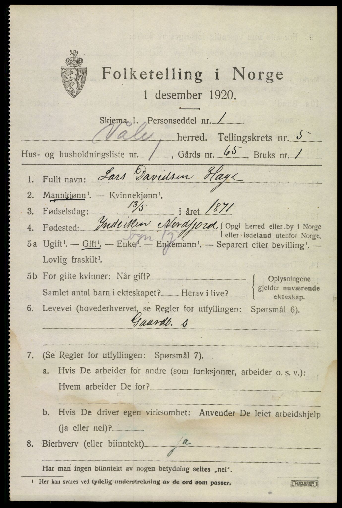 SAKO, 1920 census for Våle, 1920, p. 3602