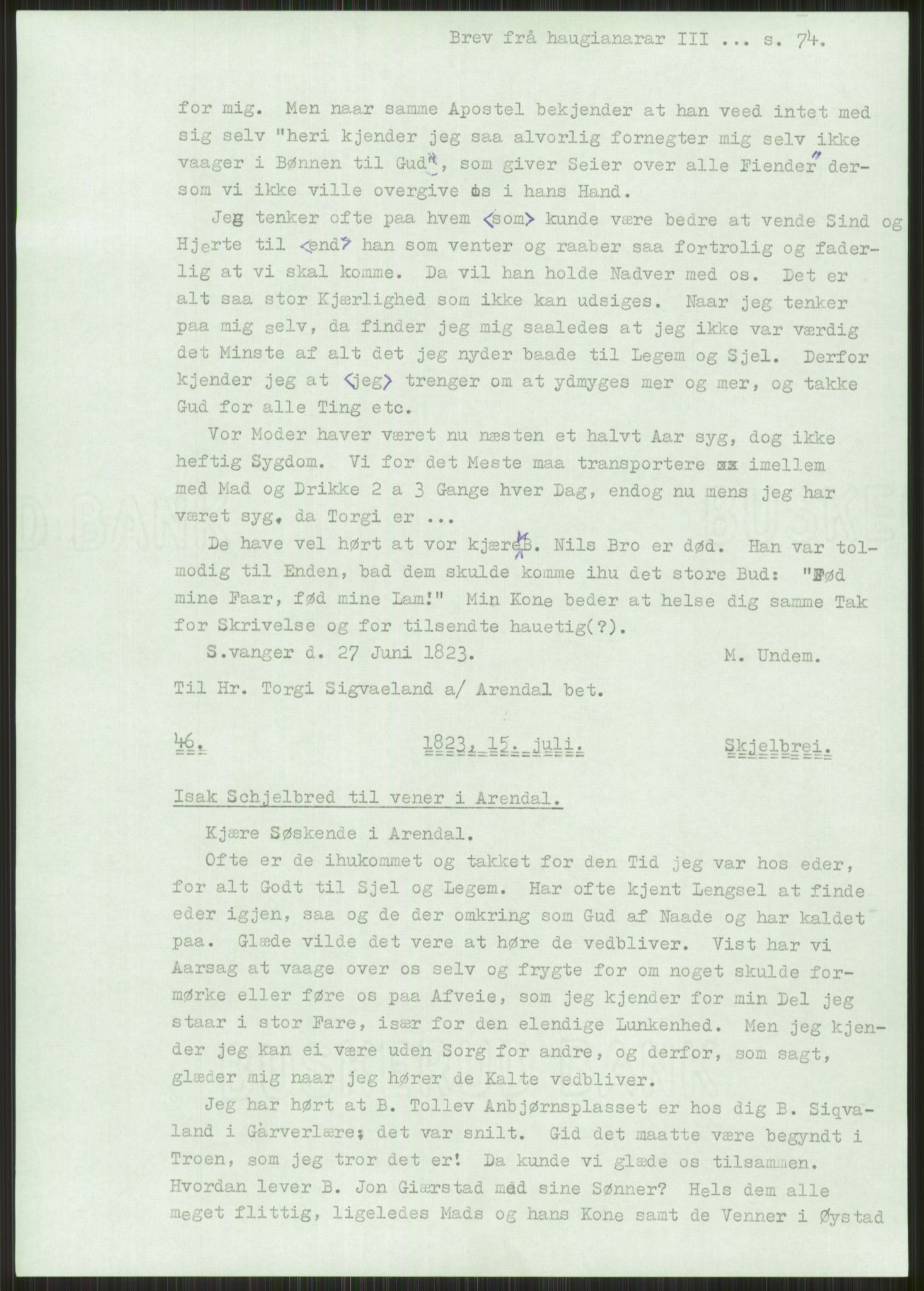 Samlinger til kildeutgivelse, Haugianerbrev, RA/EA-6834/F/L0003: Haugianerbrev III: 1822-1826, 1822-1826, p. 74