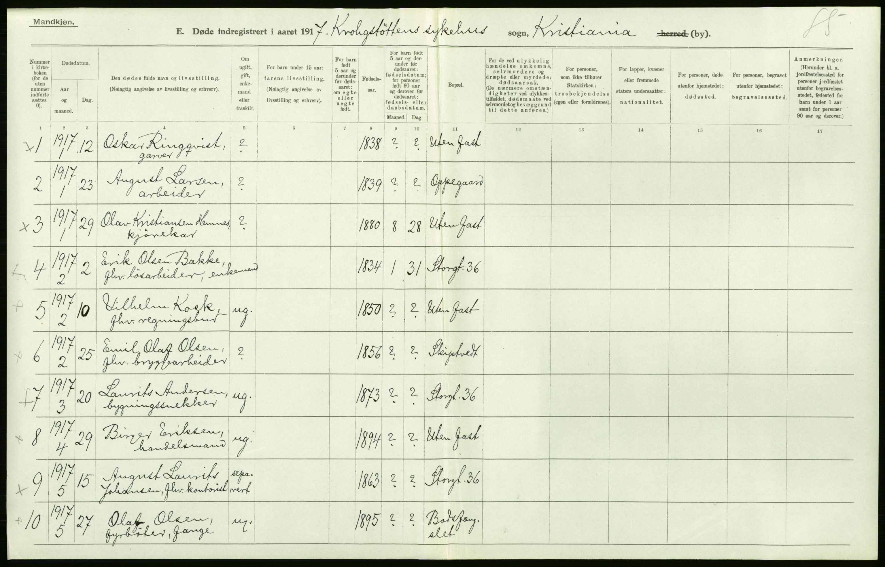 Statistisk sentralbyrå, Sosiodemografiske emner, Befolkning, RA/S-2228/D/Df/Dfb/Dfbg/L0011: Kristiania: Døde, dødfødte., 1917, p. 178