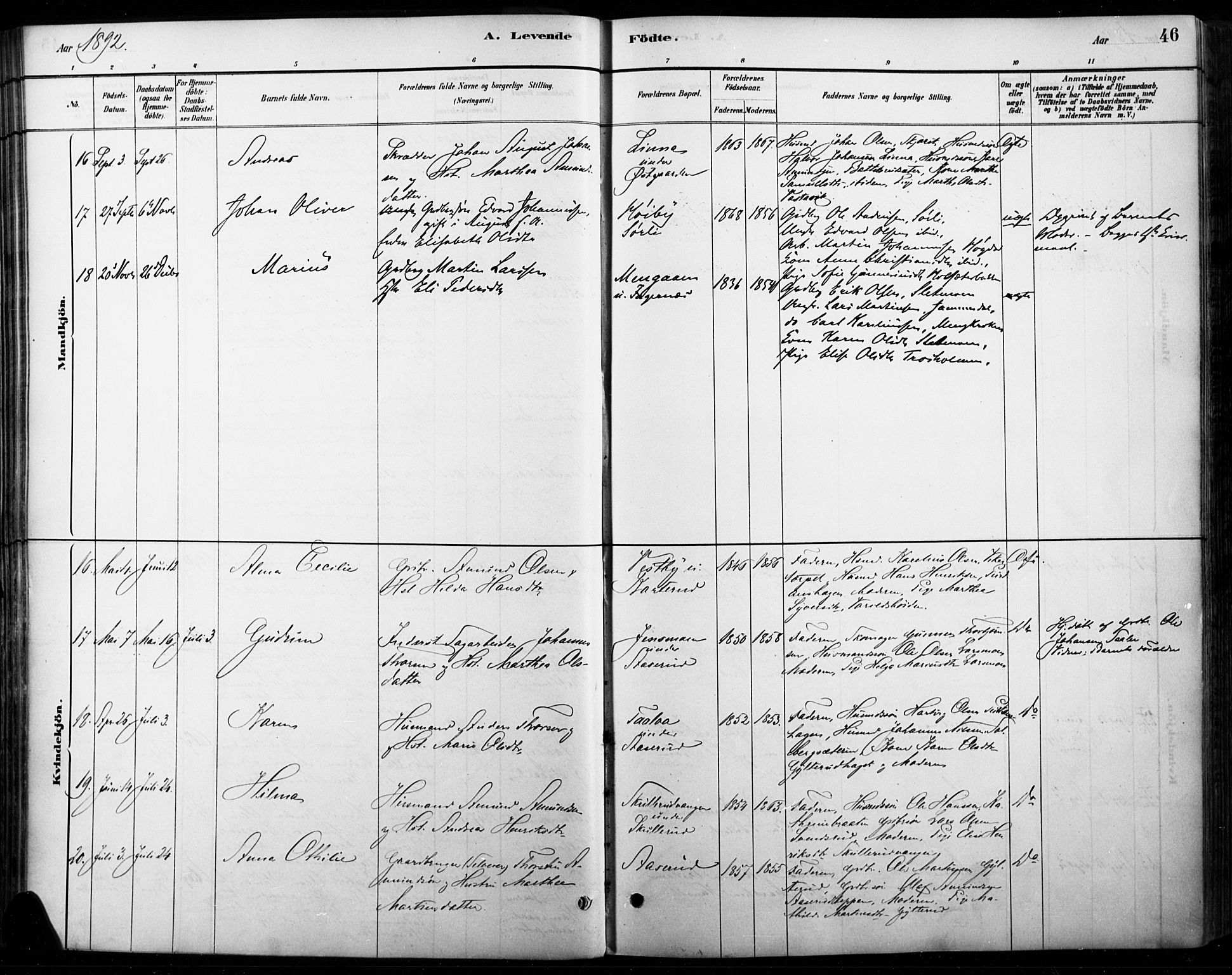 Vinger prestekontor, AV/SAH-PREST-024/H/Ha/Haa/L0015: Parish register (official) no. 15, 1881-1900, p. 46